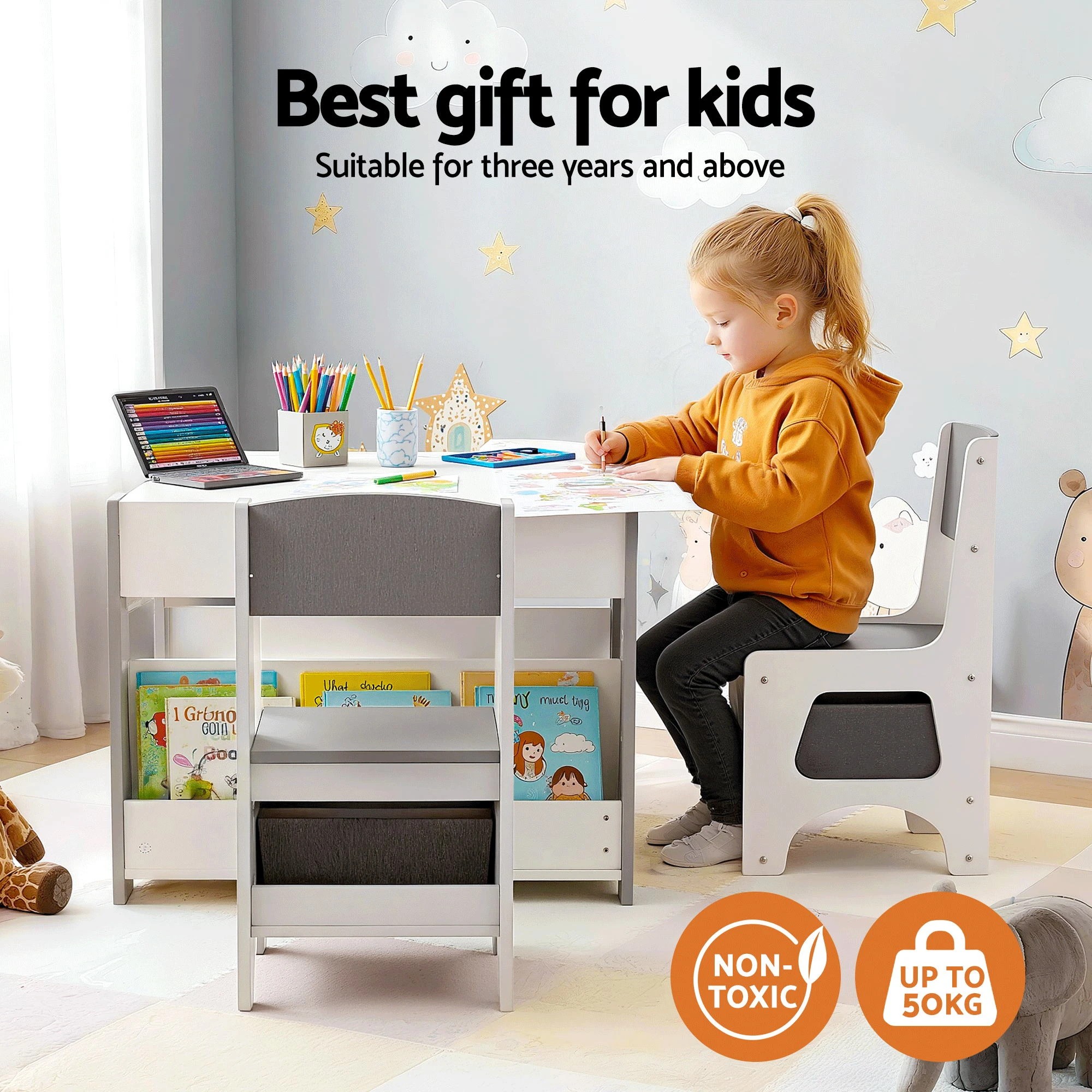 2 Keezi Kids Table and Chair Set 4 in 1 Wooden Activity Table with Bookcase Stor - Grey, 2 of 5