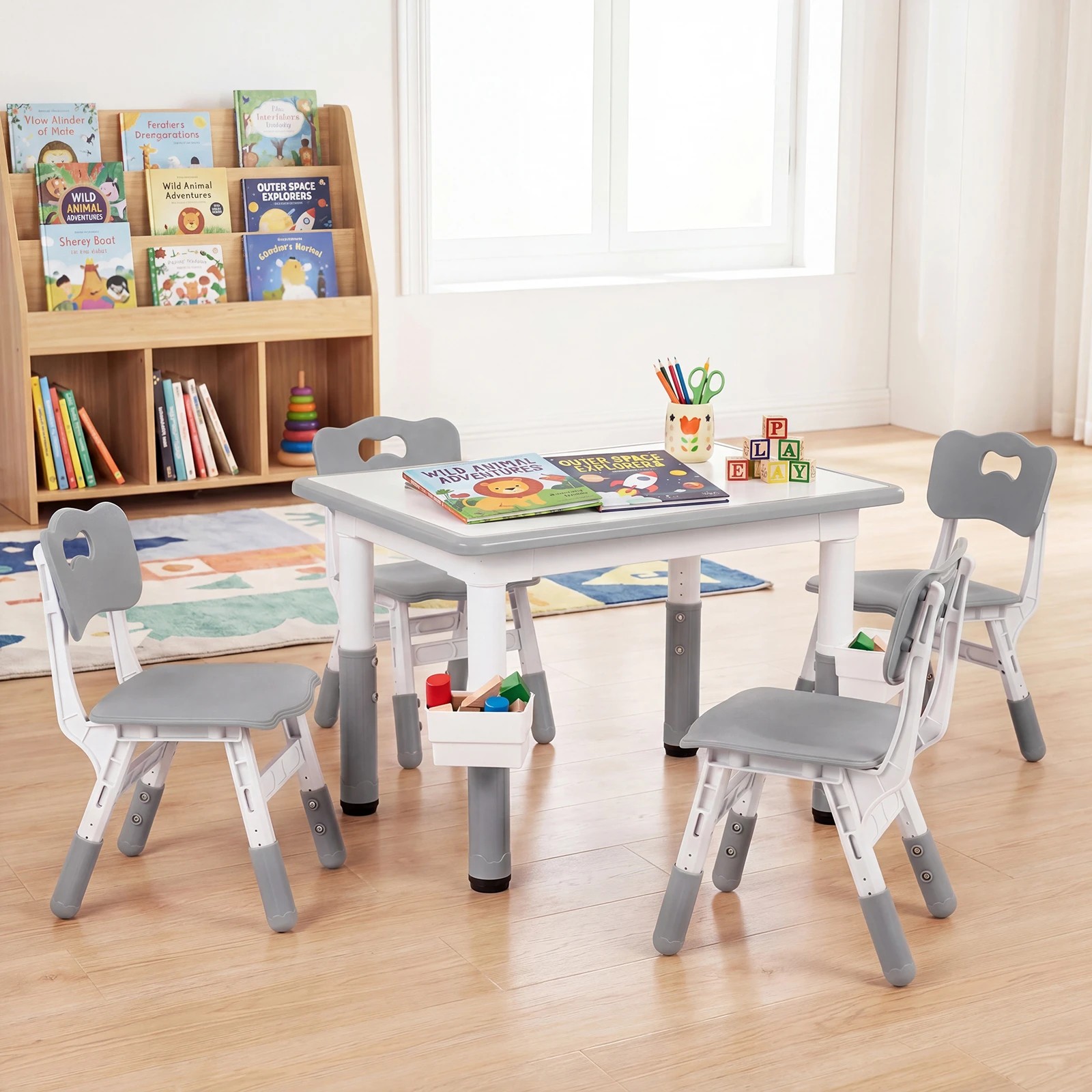 2 Costway Kids Table & 4 Chairs Set Height Adjustable Desk Activity Art Study - Grey, 2 of 4