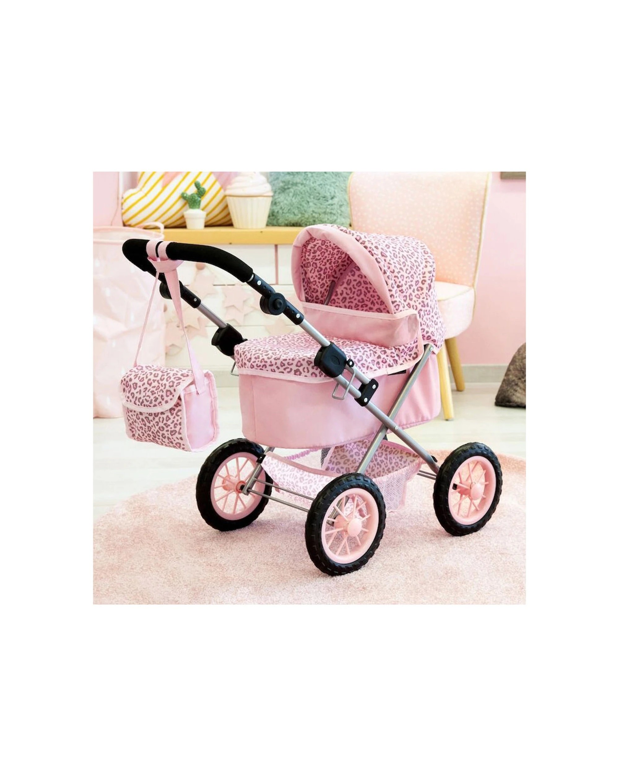 4 Bayer Leopard Print Pram Kids Toy For 46cm Dolls Adjustable Handle Basket Bag
 - Pink, 4 of 4