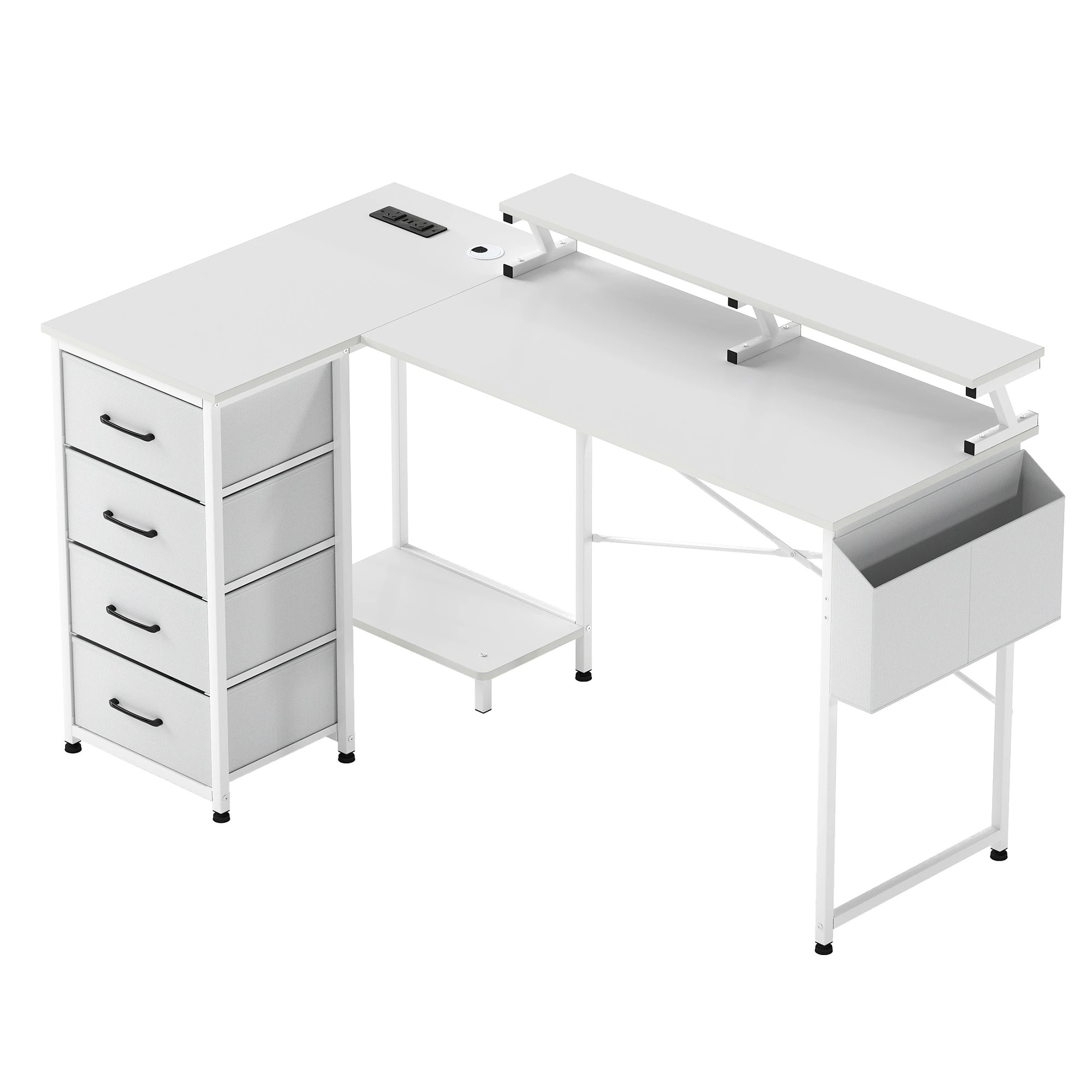 1 Levede L Shaped Gaming Desk with LED Storage Drawers Power Outlet - White, 1 of 9