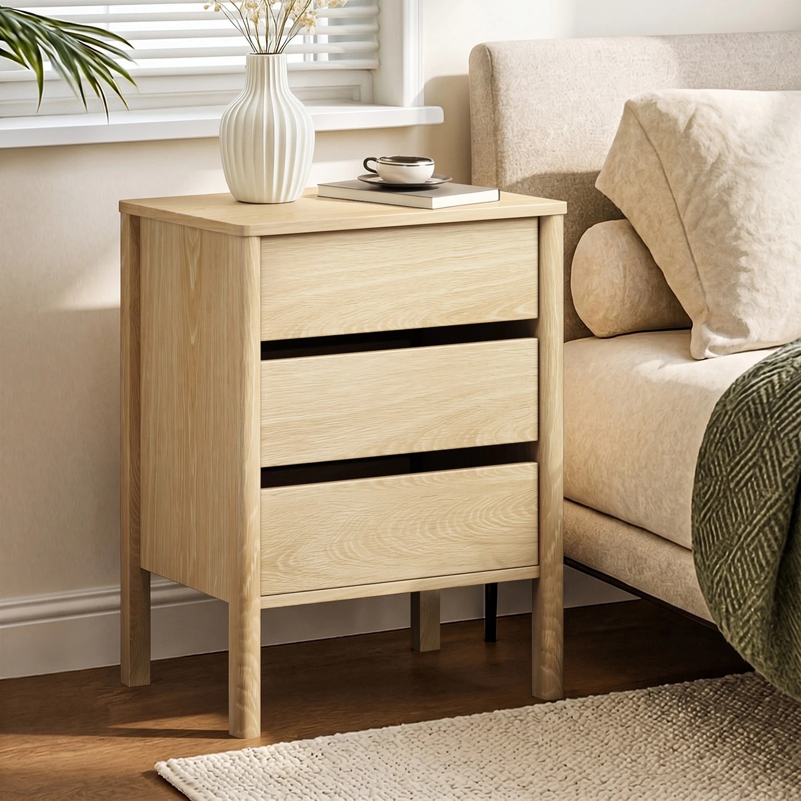 3 Oikiture Bedside Table 3 Drawers Side Table Nightstand Handle-free - Natural, 3 of 10