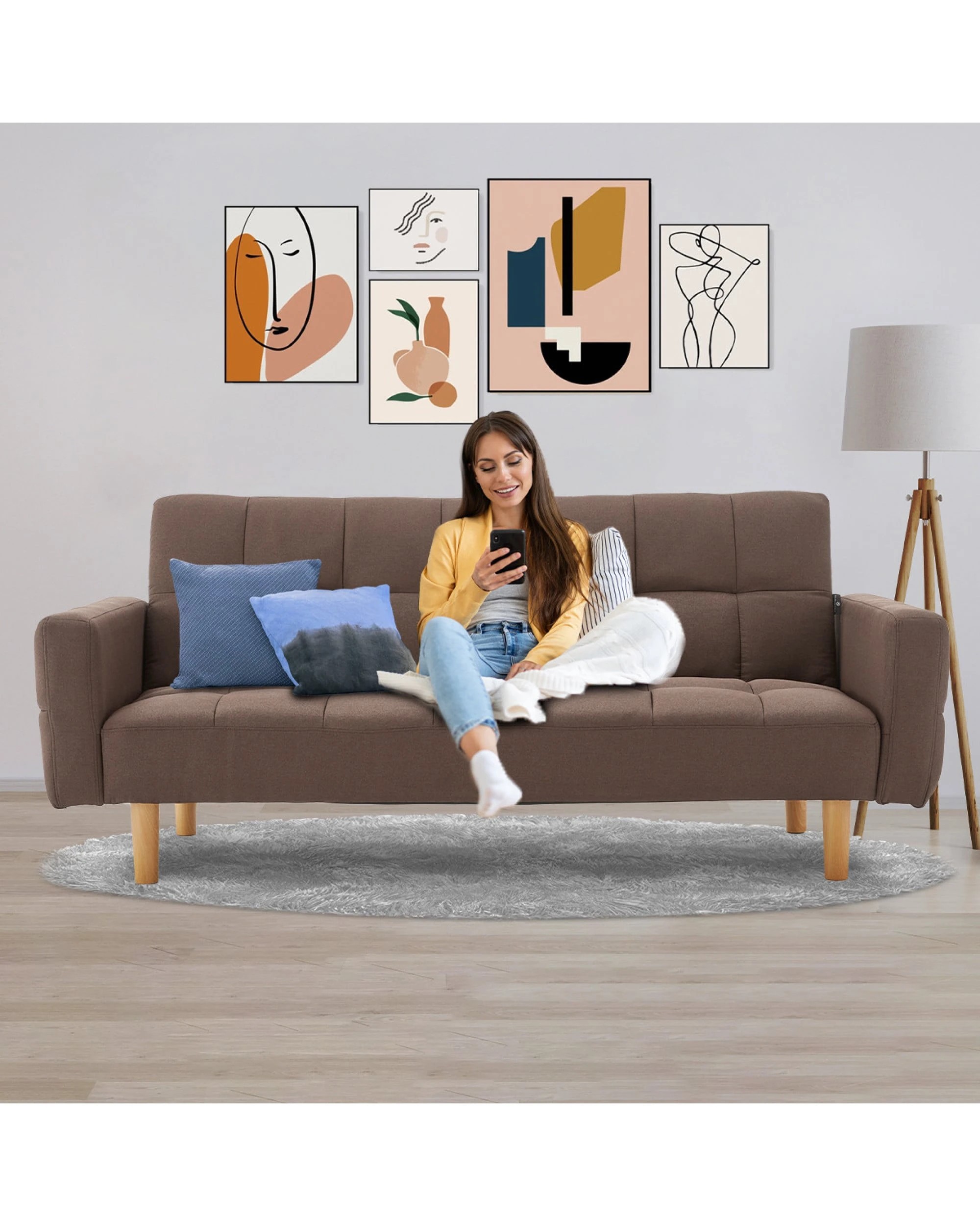 7 Sarantino 3-Seater Fabric Sofa Bed Futon - Brown, 7 of 10