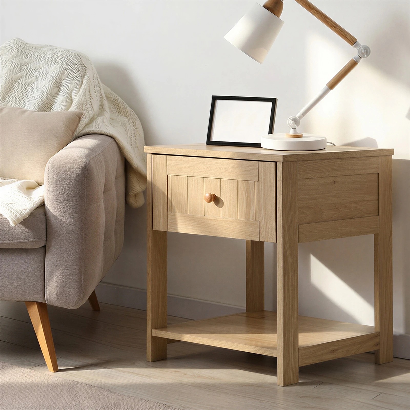 4 Oikiture Bedside Table Side End 1 Drawer Storage Shelf Nightstand - Natural, 4 of 8