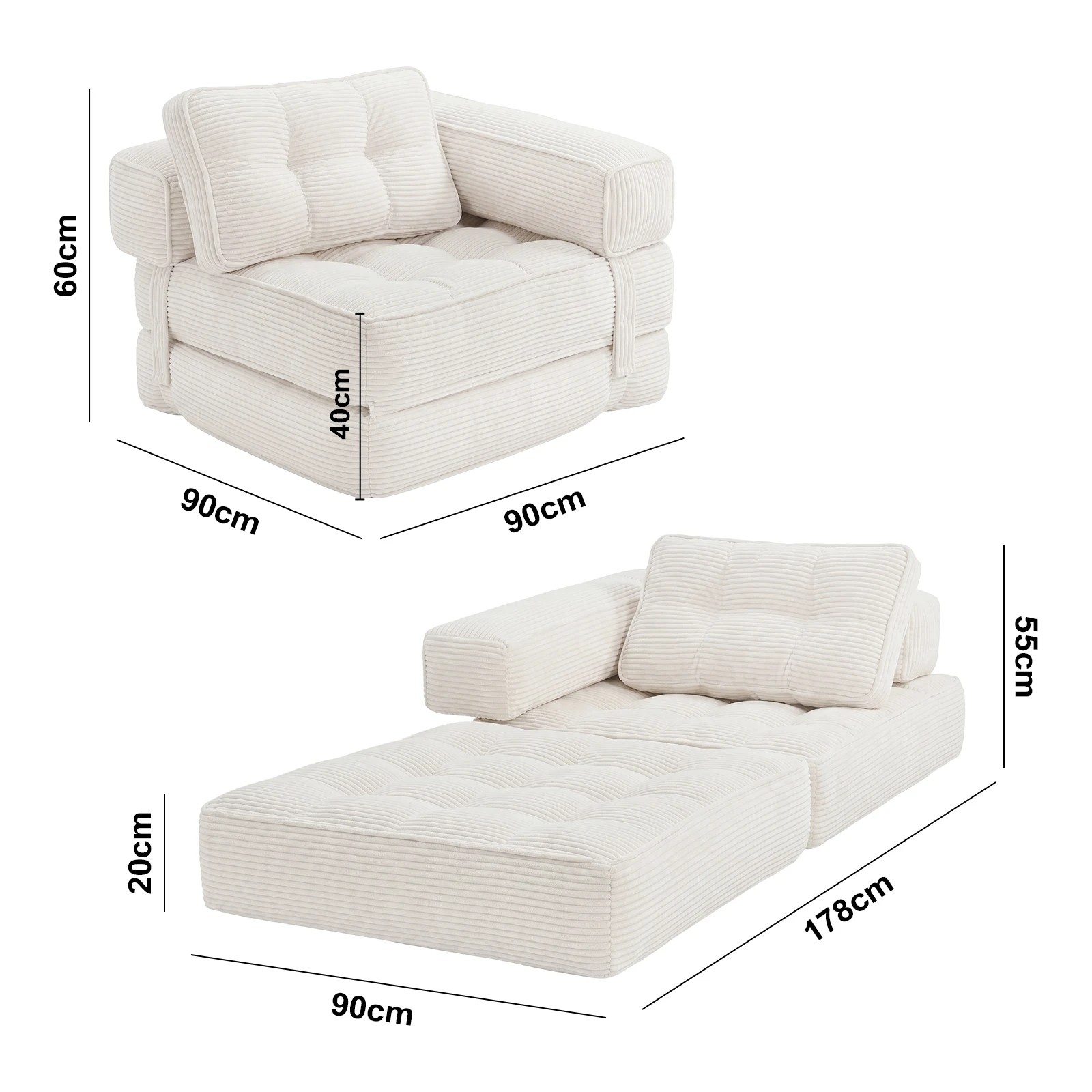 2 Advwin Folding Sofa Bed 3-in-1 Convertible Sleeper Chair with L-Shaped Armrest & Pillow Lazy Floor Sofa - Beige, 2 of 4