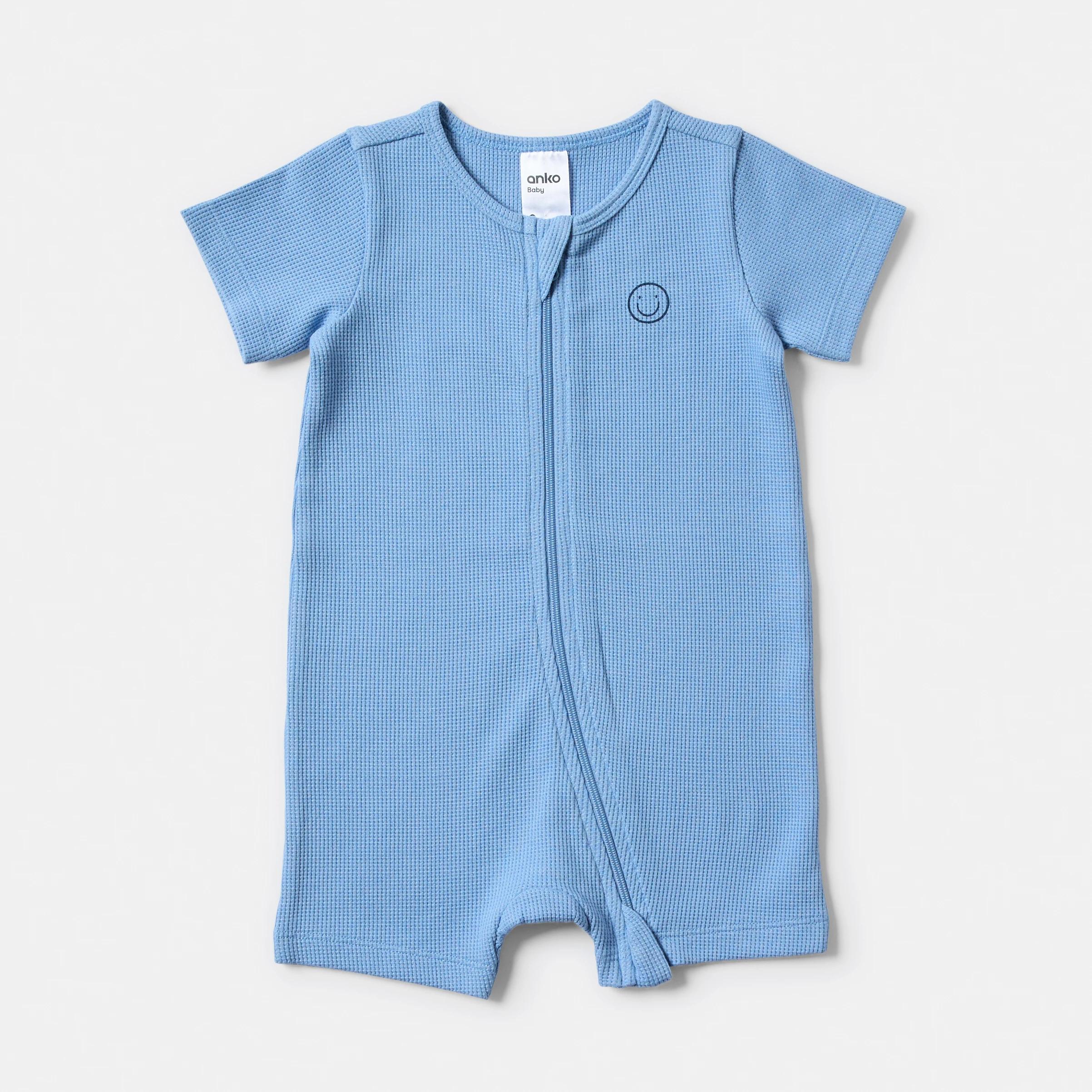 1 Short Sleeve Waffle Zip Romper BLUE SMILEY, 1 of 3