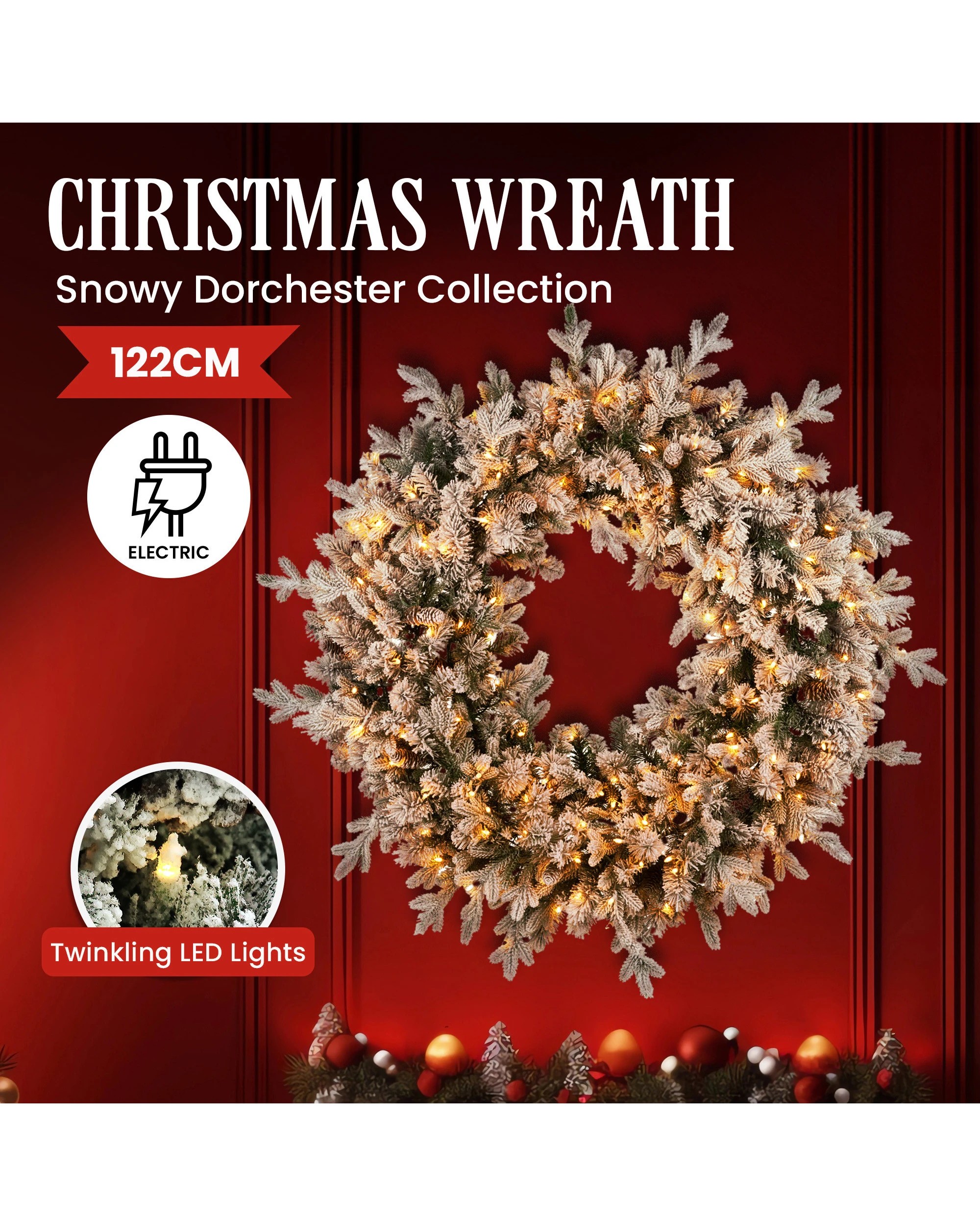 8 Christabelle Large 1.2m Christmas Wreath Snowy Dorchester with LED Lights Front Door Decoration Ornament, 8 of 8