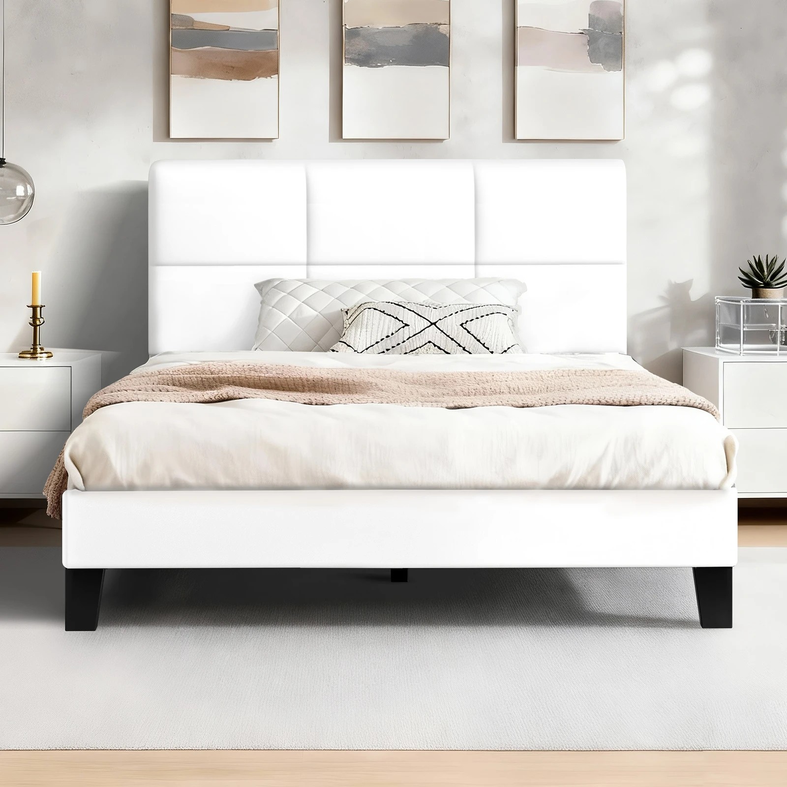 2 Alfordson Bed Frame King Single Wooden Slats Platform Leather Paula - White, 2 of 9