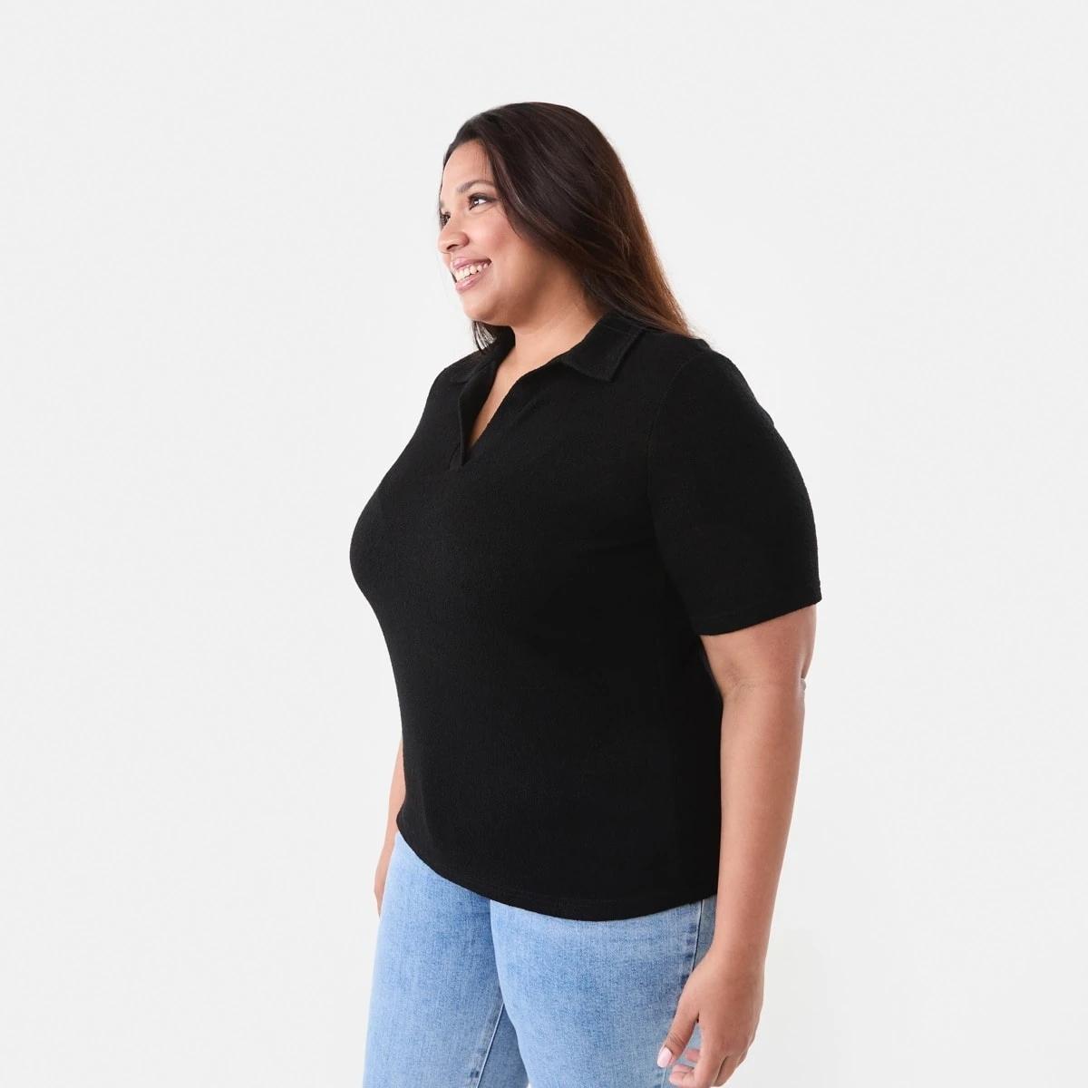 2 Curve Short Sleeve Textured Knit Polo Top Black, 2 of 5