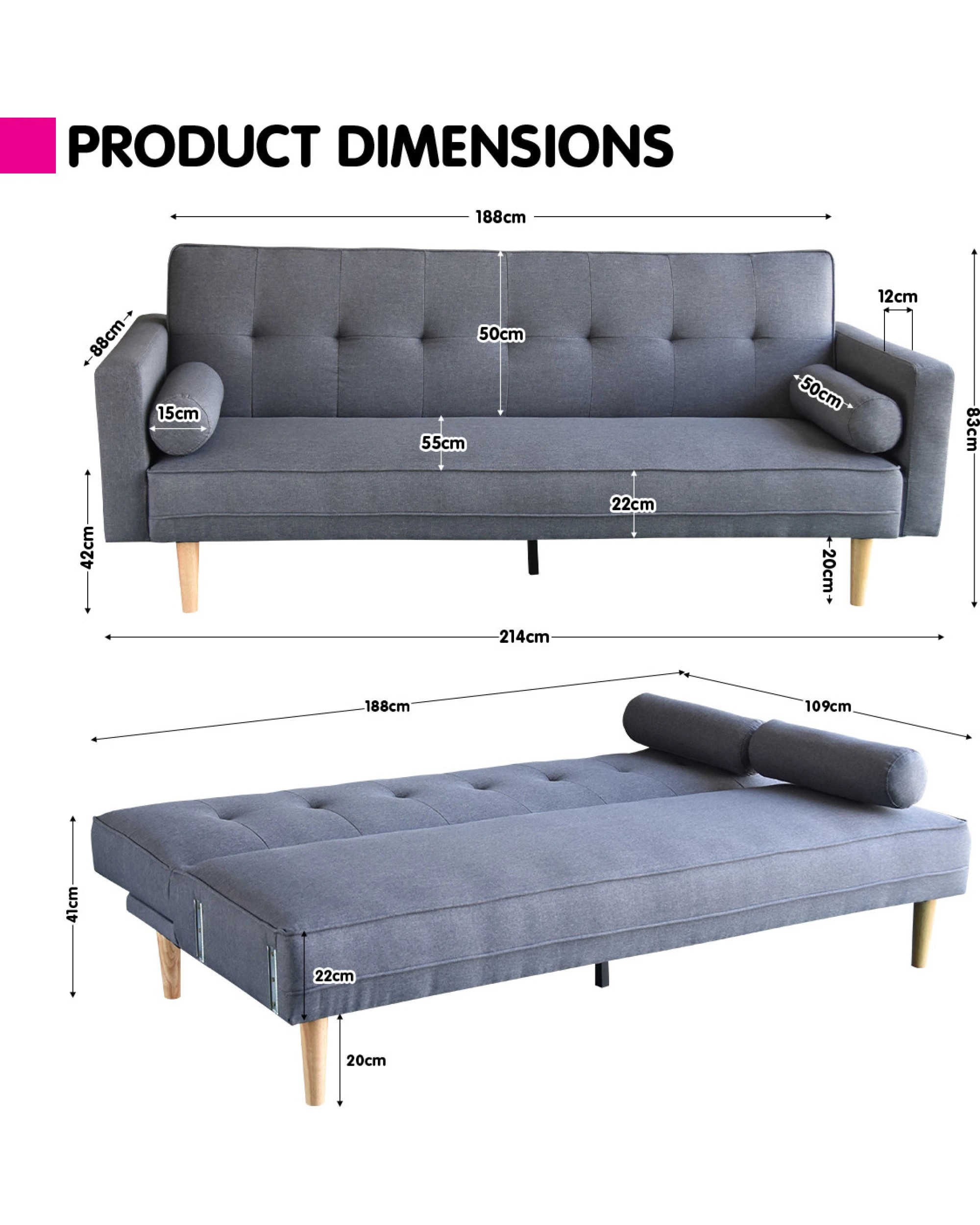 7 Sarantino 3 Seater Linen Sofa Bed Couch with Pillows - Grey, 7 of 7