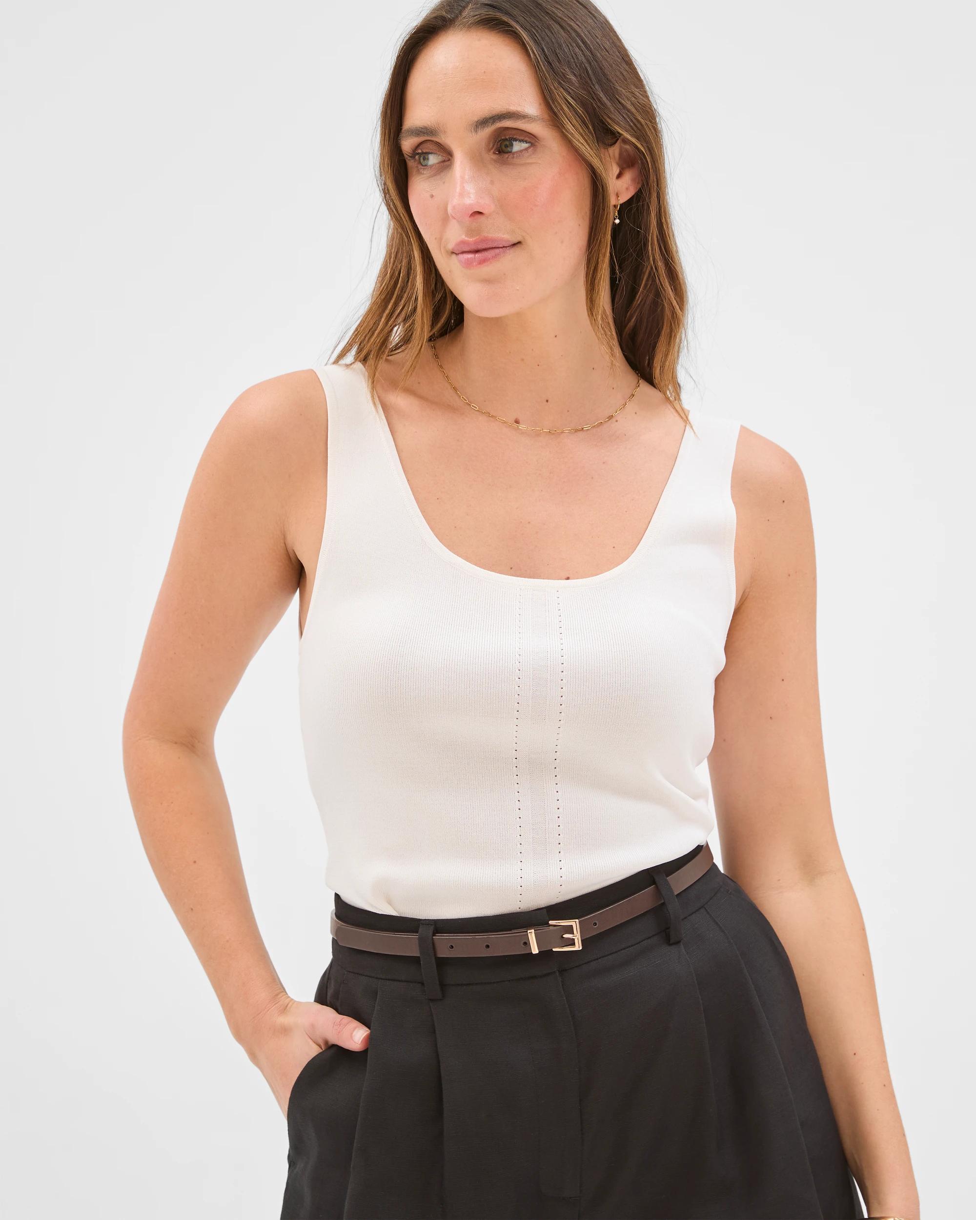 3 Preview Slim Fit Crepe Knit Detail Tank Top CLOUD DANCER, 3 of 7