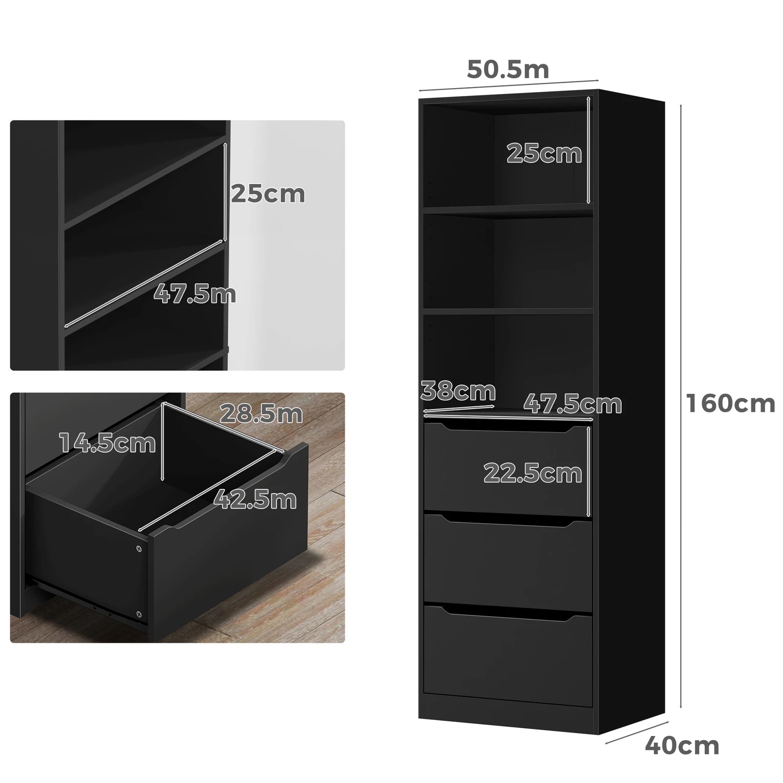 4 Alfordson Wardrobe 3 Drawers Clothes Storage Cabinet - Black, 4 of 10