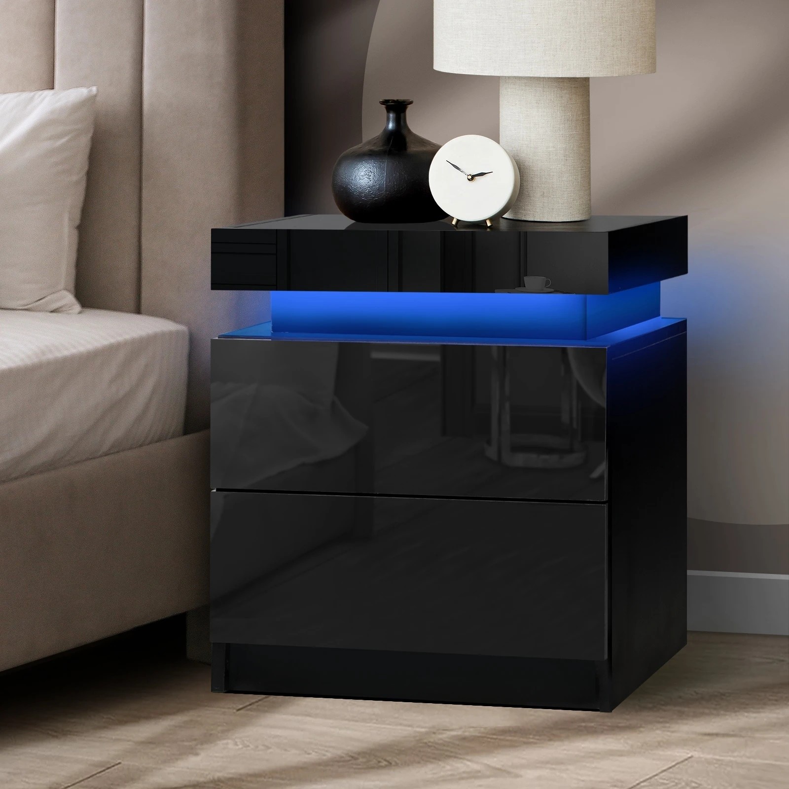 2 Oikiture Bedside Table Rgb Led Nightstand Cabinet 2 Drawers
 - Black, 2 of 10