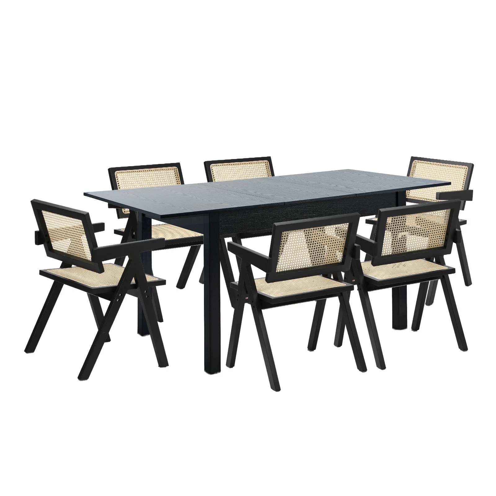 1 Oikiture 7pc Extenable Dining Table and Chairs Wooden Dining Set Ratten - Black, 1 of 10
