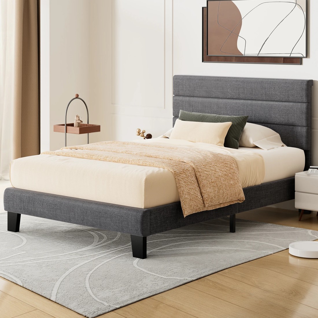 2 Alfordson Bed Frame Single Size Upholstered Platform Fabric Harlene - Grey, 2 of 10