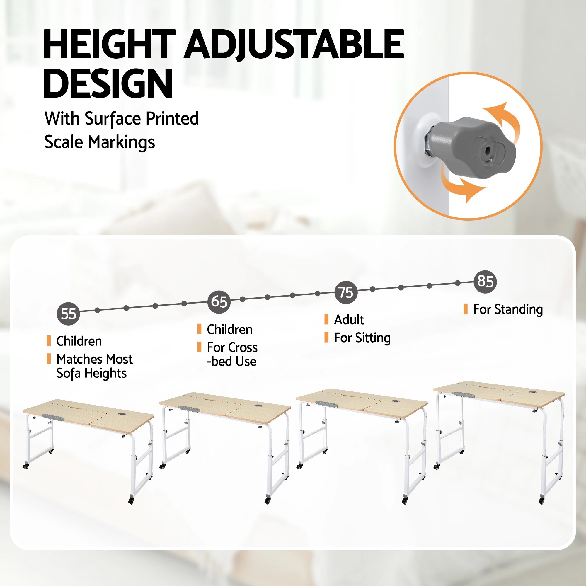 4 Artiss Mobile Laptop Desk Overbed Table Adjustable Computer Stand Bedside Cart - Natural, 4 of 6