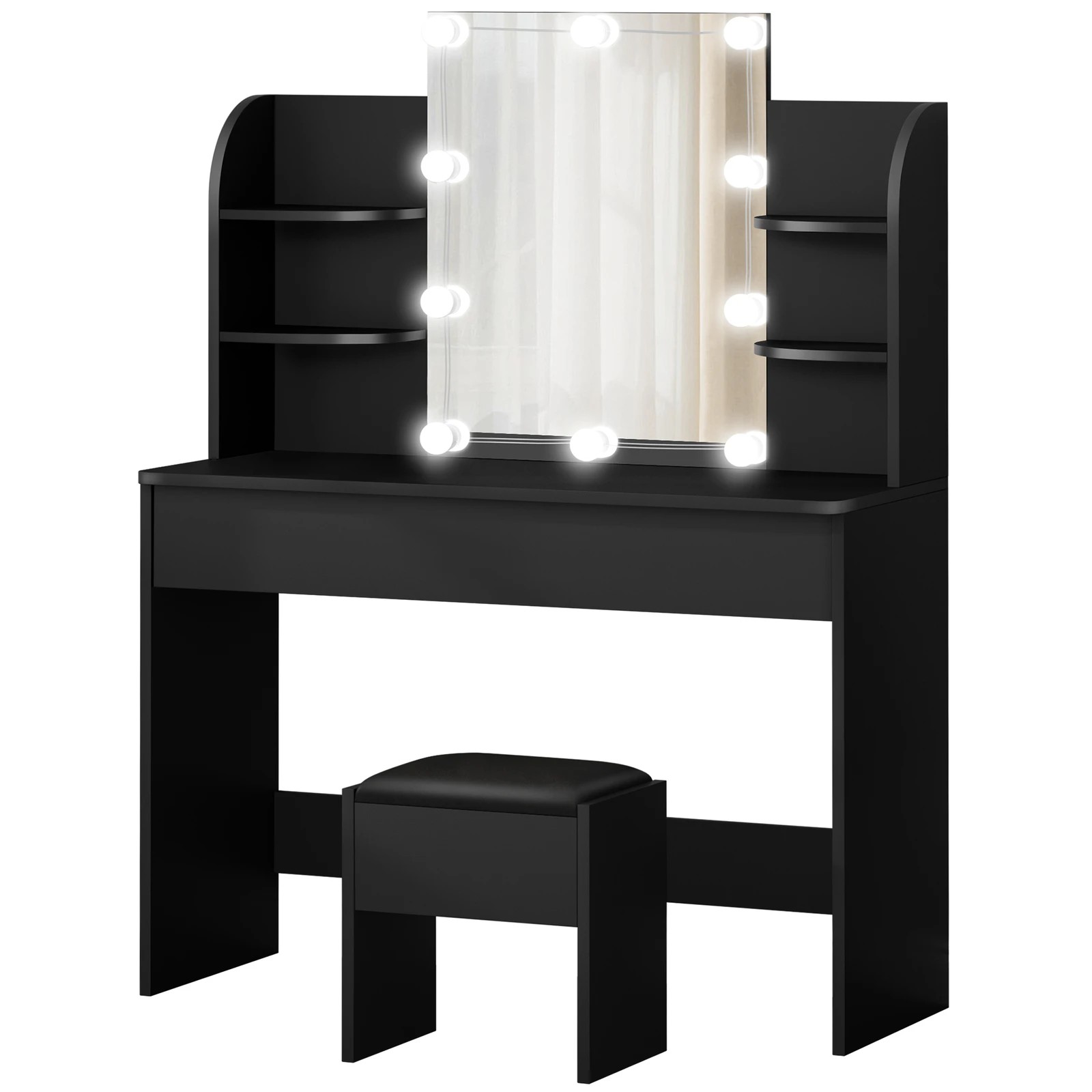 1 Alfordson Dressing Table Stool Set Makeup Mirror Desk LED 10 Bulbs - Black, 1 of 10