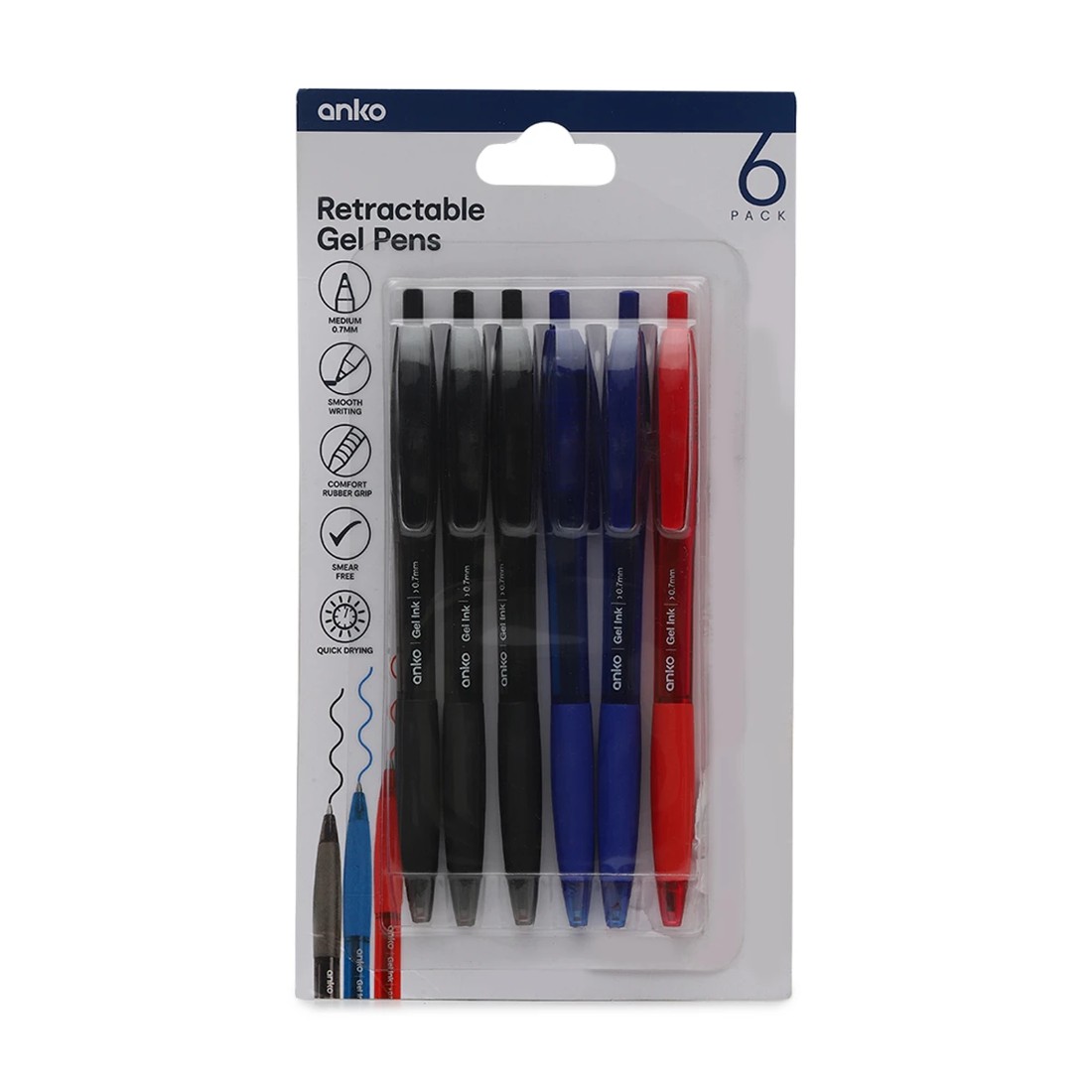 1 6 Pack Retractable Gel Pens - Black, Blue and Red, 1 of 4