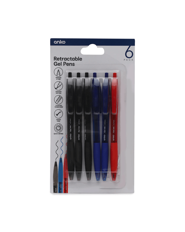 6 Pack Retractable Gel Pens - Black, Blue and