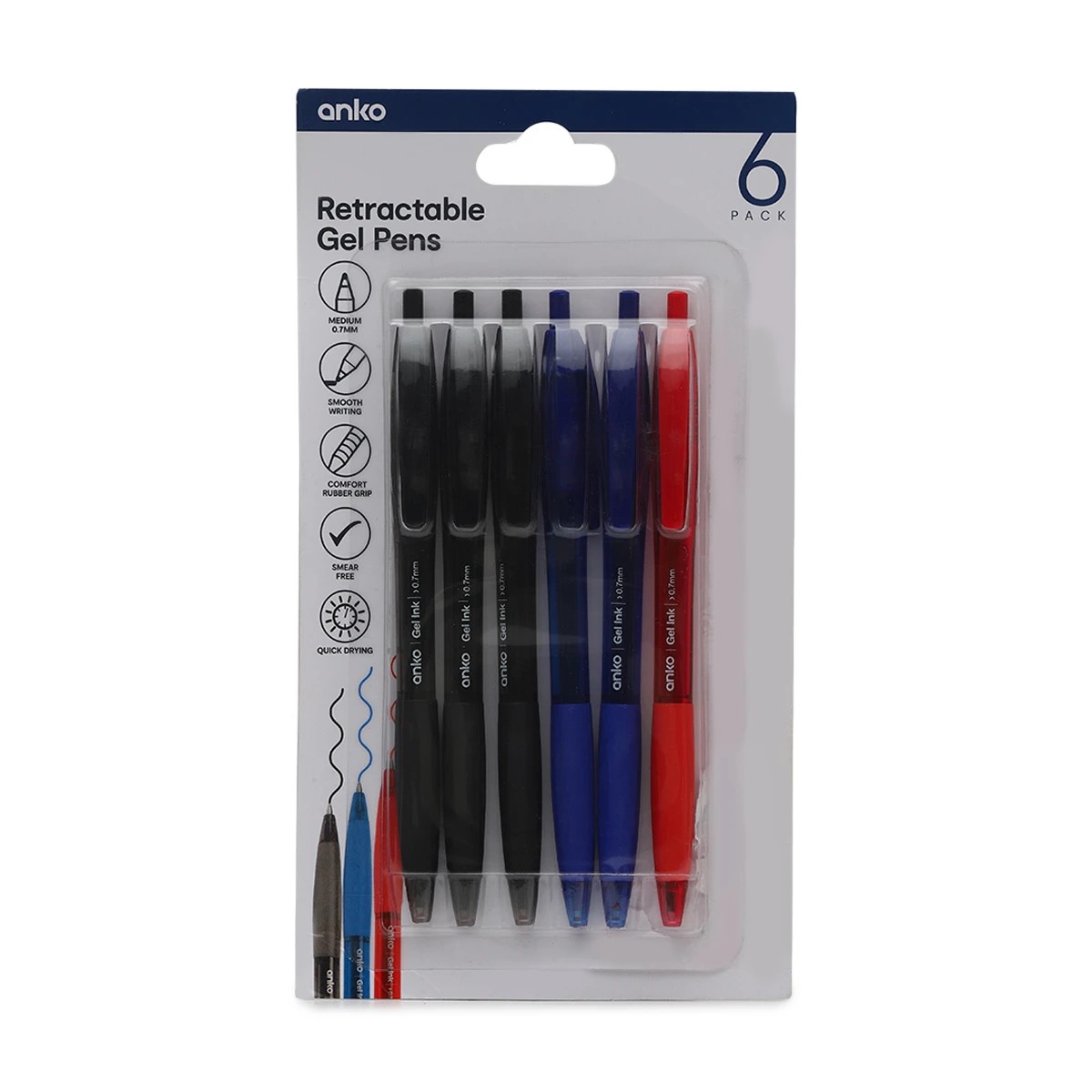 1 6 Pack Retractable Gel Pens - Black, Blue and Red, 1 of 4