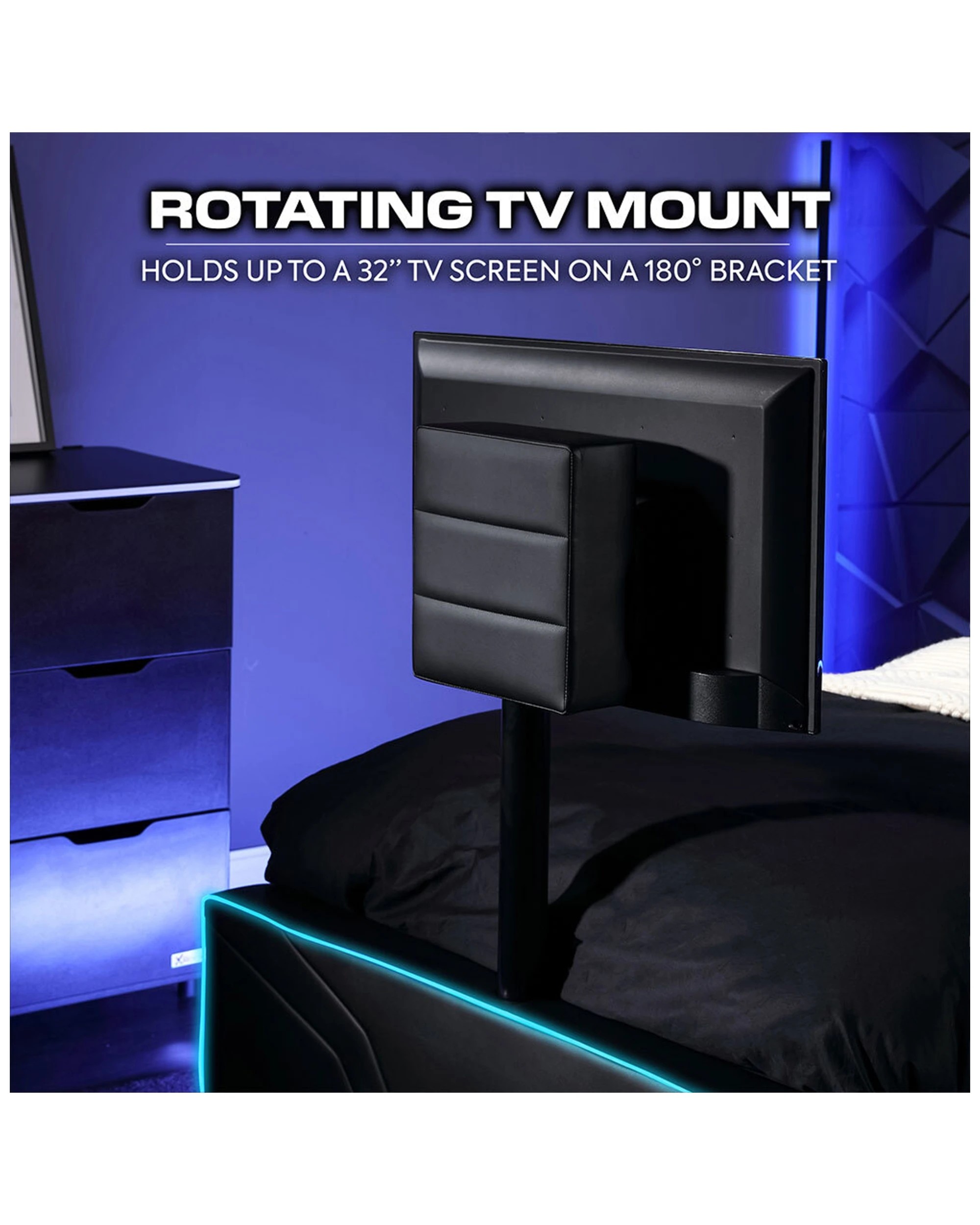 3 X Rocker Oracle Junior Single Gaming Bed Frame W/ Adjustable Twist Tv Mount
 - Black, 3 of 6