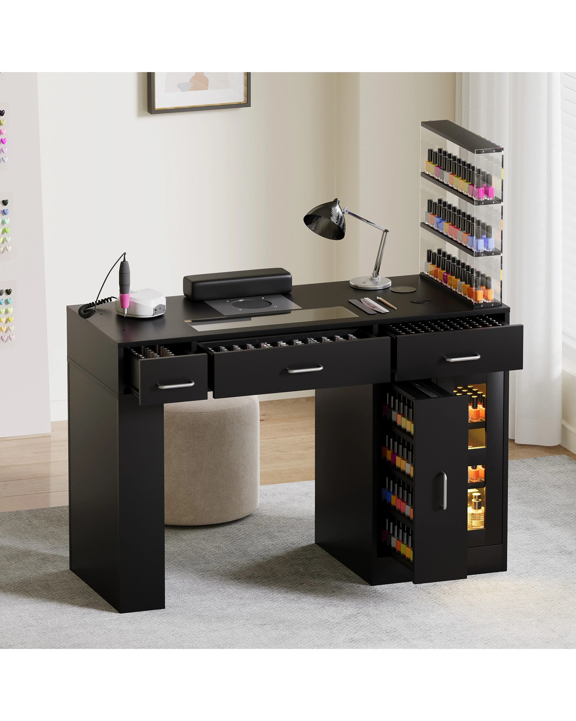 8 Advwin Vanity Nail Desk Manicure Table w/Glass Top Drawer Dust Collector Wireless Charging LED Light - Black, 8 of 10