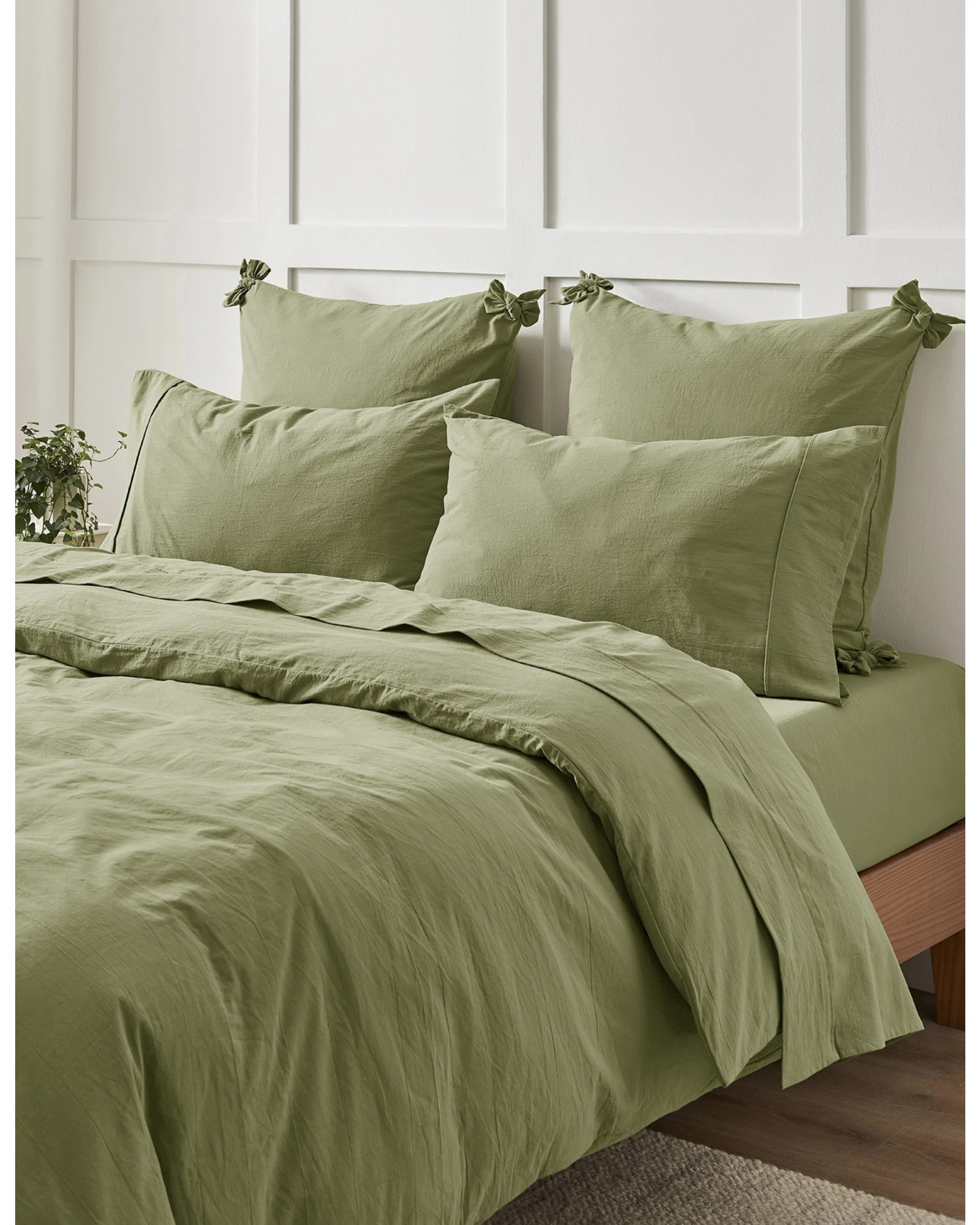 6 Dreamaker Bonnie Washed Cotton European Pillowcase with Bows Twin Pack 65x65cm - Olive, 6 of 7