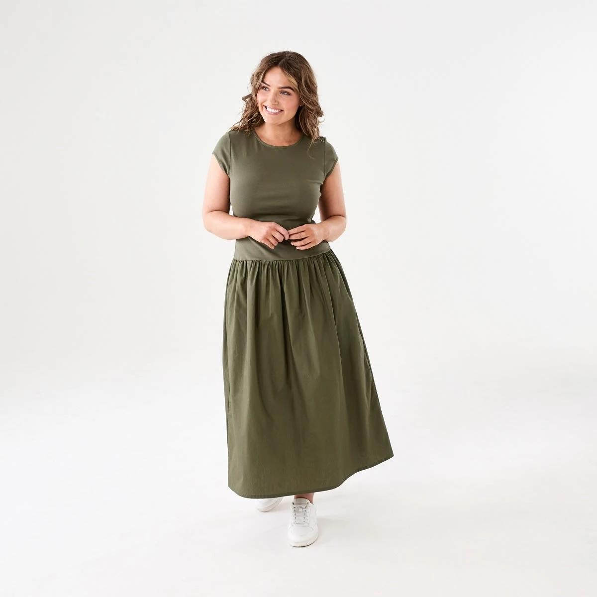1 Short Sleeve Drop Waist Midi Dress GREEN, 1 of 6