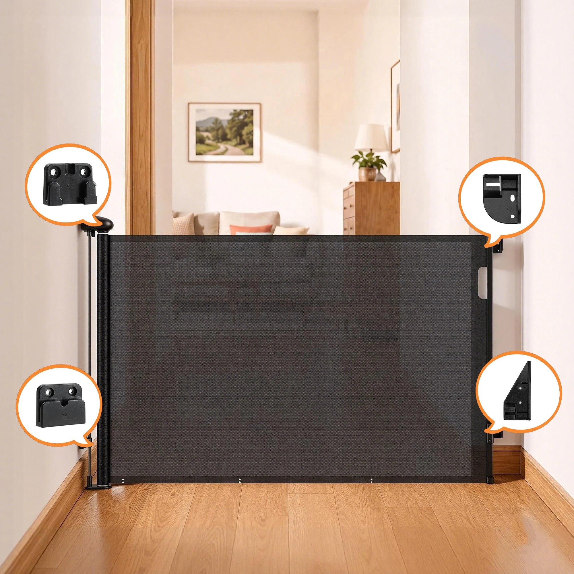 8 Keezi Retractable Gate Extends up to 140cm Baby Gate Pet Safety Fence Black - Black, 8 of 8