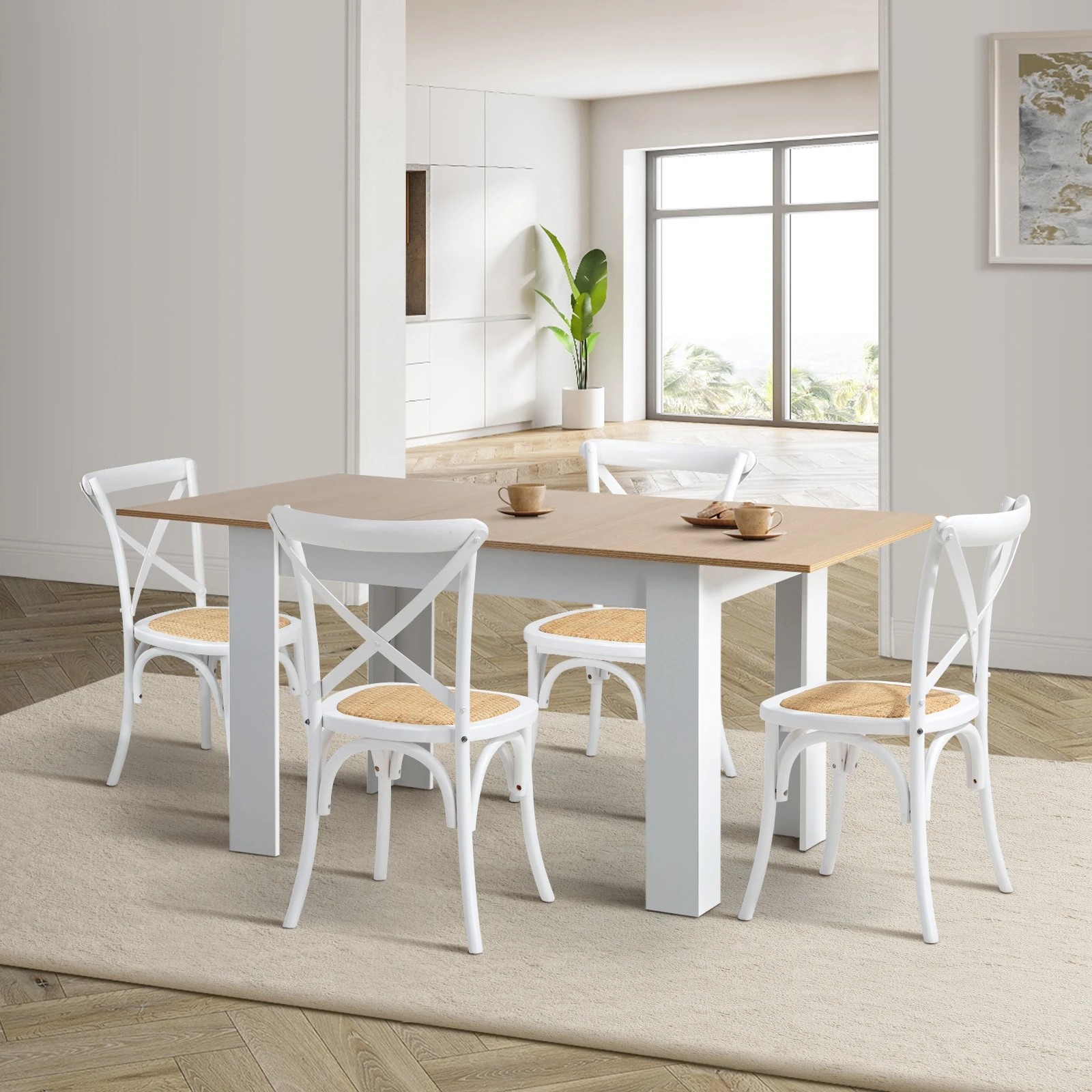 2 Oikiture 160cm Extendable Dining Table With 4pcs Dining Chairs Crossback
 - Multi, 2 of 10