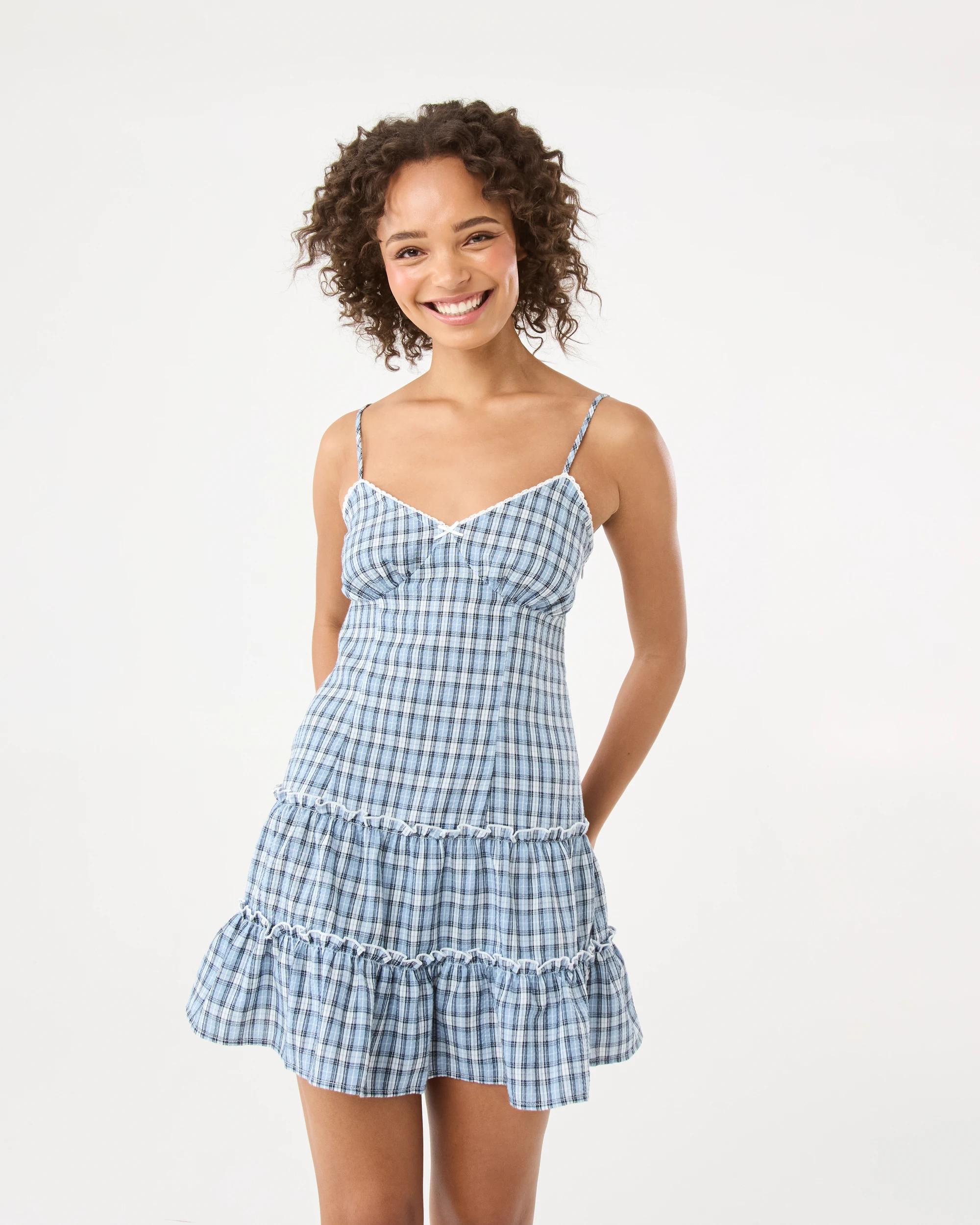 1 Sleeveless Check Print Mini Dress Blue Check, 1 of 10
