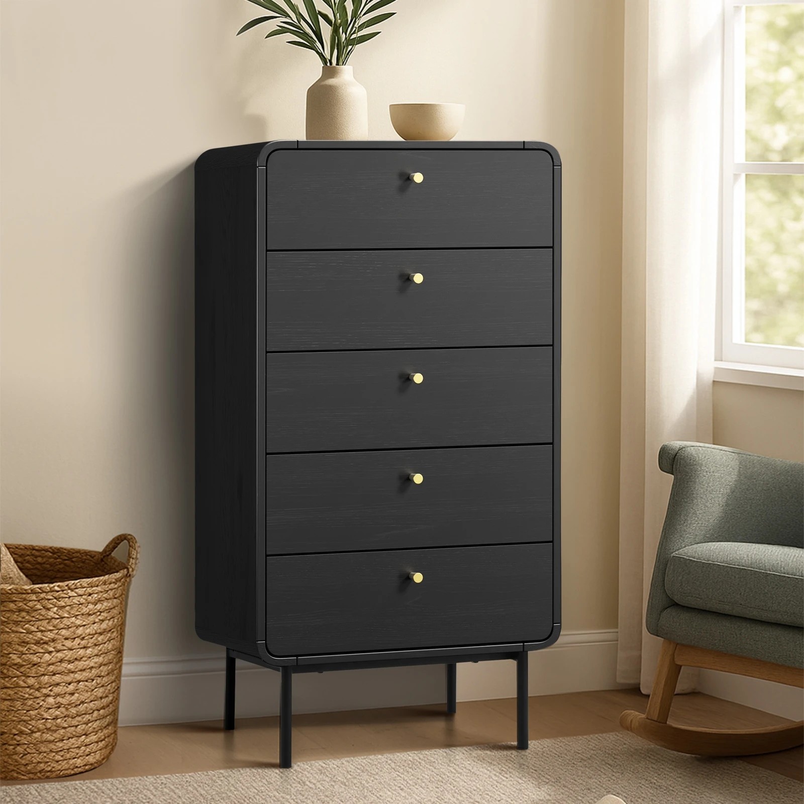 3 Oikiture 5 Chest Of Drawers Tallboy Storage Cabinet Dresser
 - Black, 3 of 10