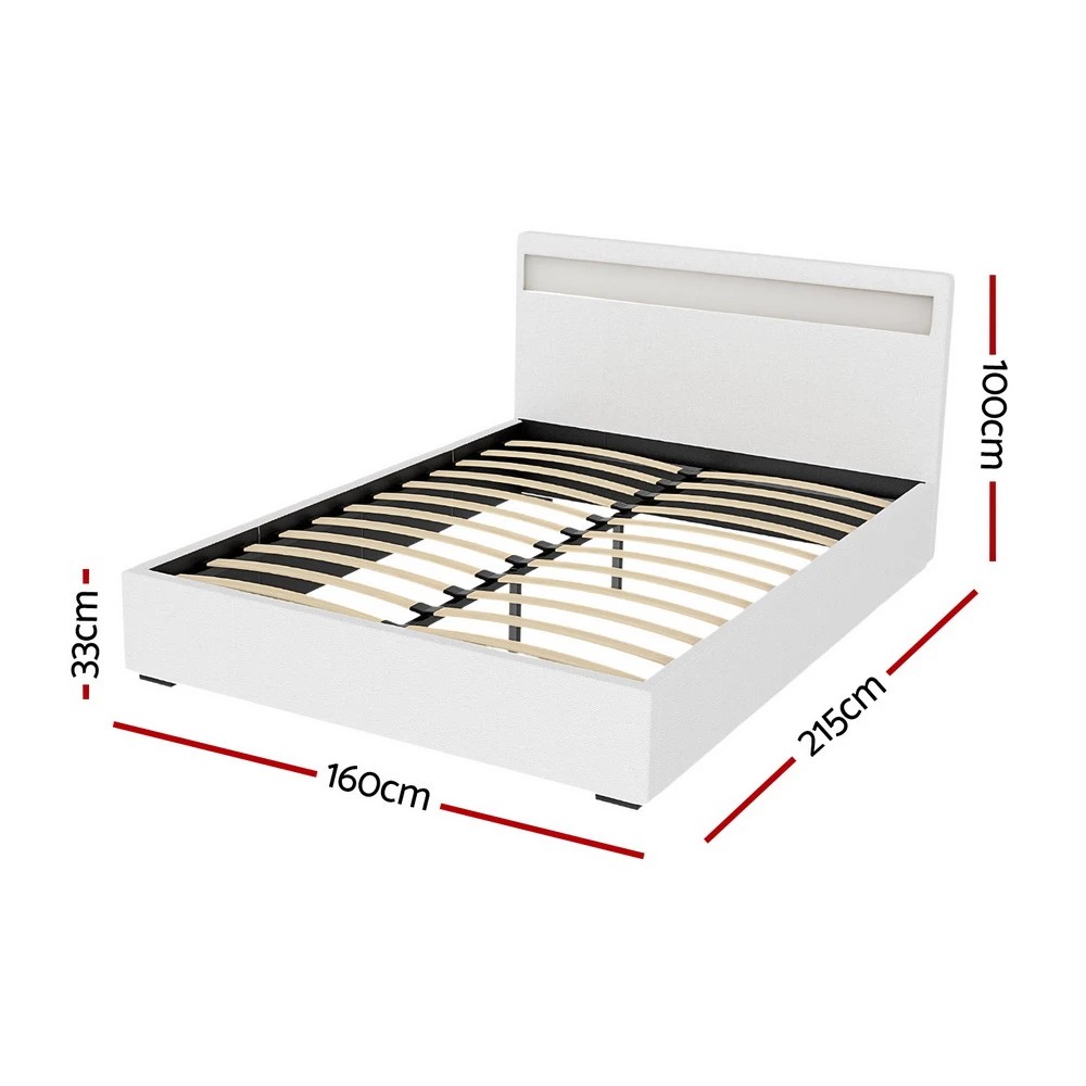 2 Artiss Bed Frame Queen Size LED Gas Lift  COLE - White, 2 of 10