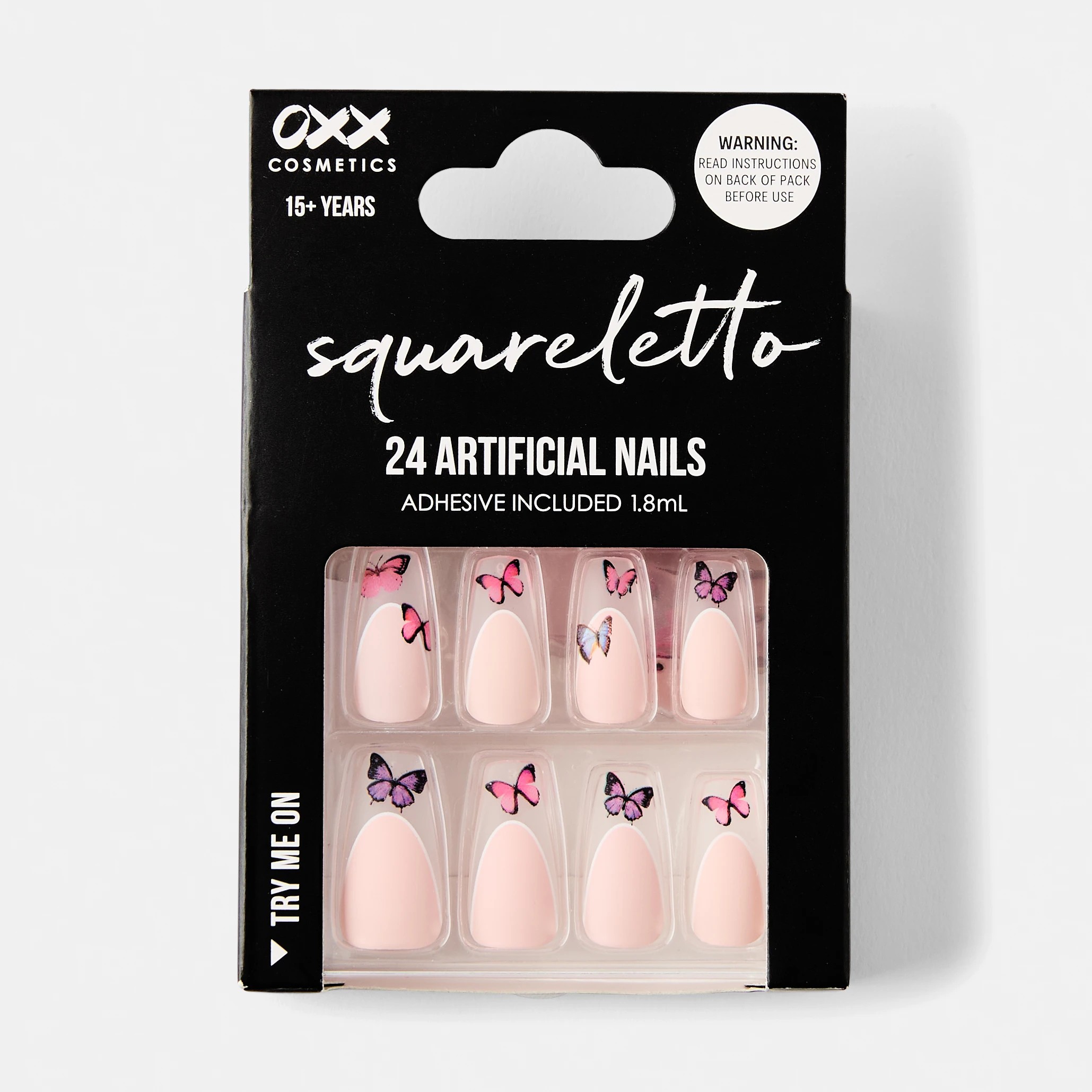1 OXX Cosmetics 24 Pack Artificial Nails with Adhesive - Squareletto Shape, Butterflies, 1 of 4