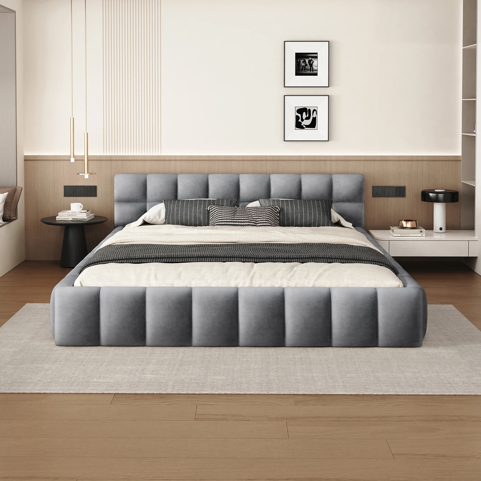 3 Alfordson Bed Frame Queen Size Tufted Headboard Foundation Velvet Talmon - Grey, 3 of 10