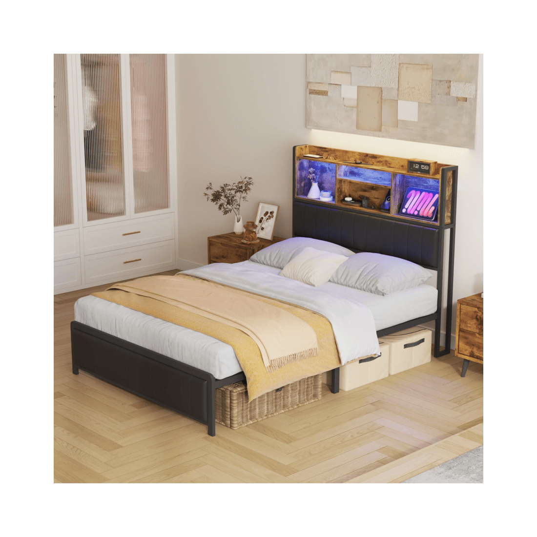 2 Advwin Double Bed Frame With Charging Station & Led Storage Bookcase, 2 of 8
