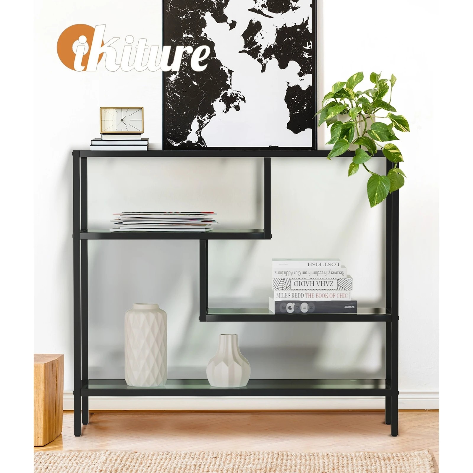 5 Oikiture Console Table Tempered Glass Sofa Table Hall Side Entry 4 Shelves
 - Black, 5 of 10