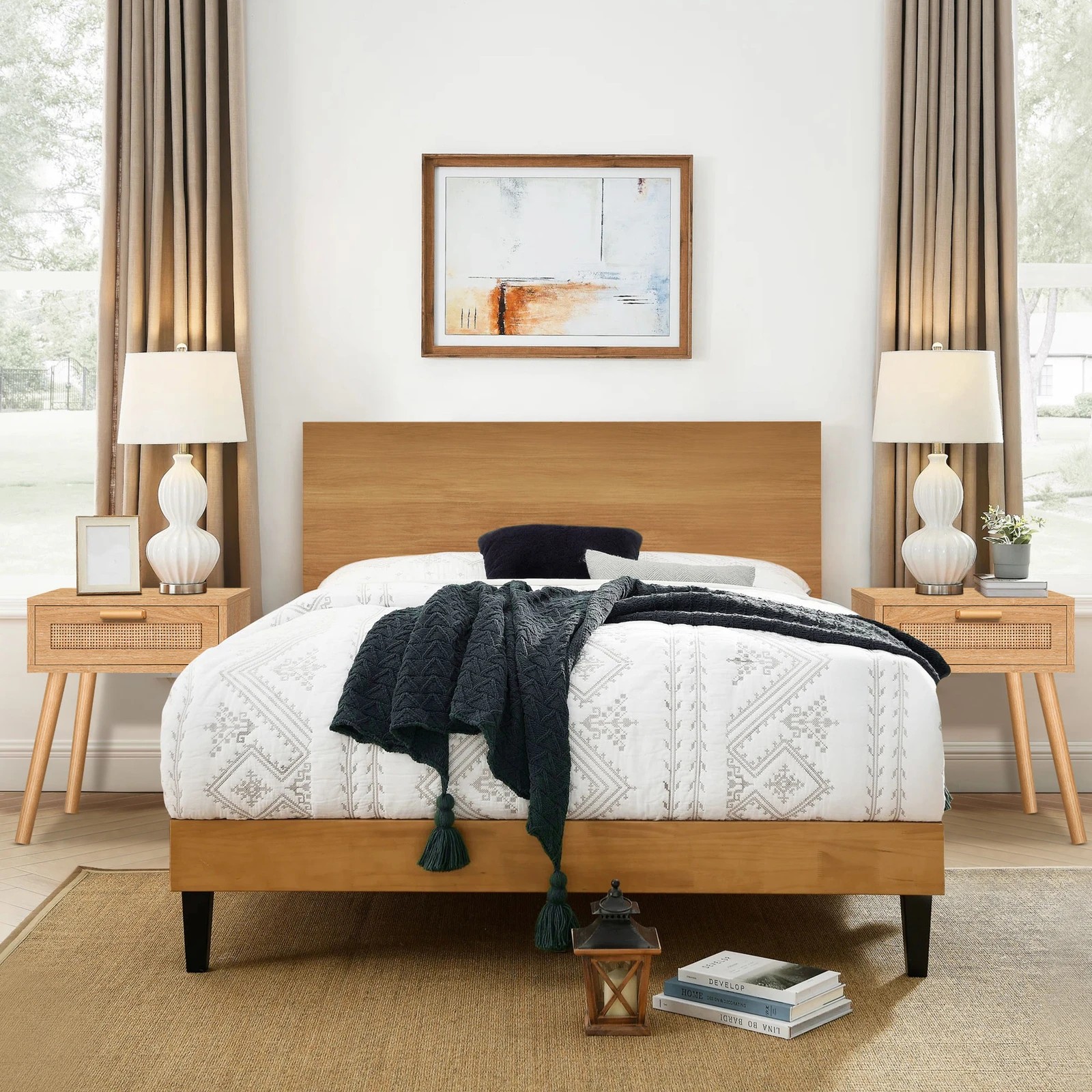 3 Alfordson 2x Bedside Table Nightstand Side Storage Rattan - Oak, 3 of 10