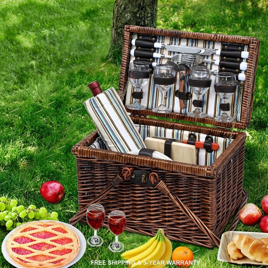 6 Alfresco 4 Person Picnic Basket Set Deluxe Folding Outdoor Insulated Liquor - Brown, 6 of 6
