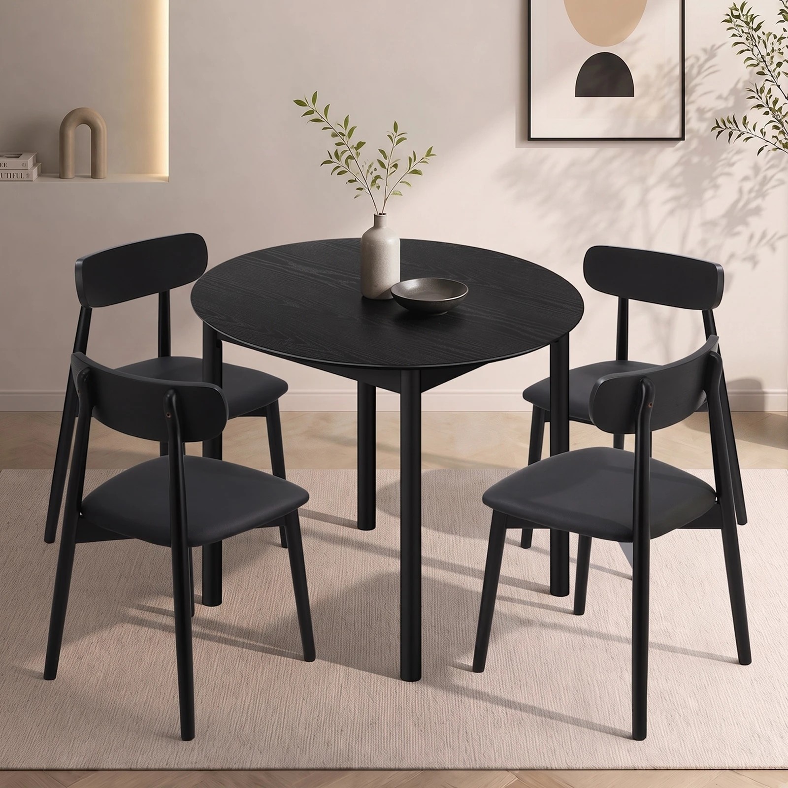 3 Oikiture 5PCS Dining Table Set 100cm Round Table 4 Rubberwood Dining Chairs - Black, 3 of 9