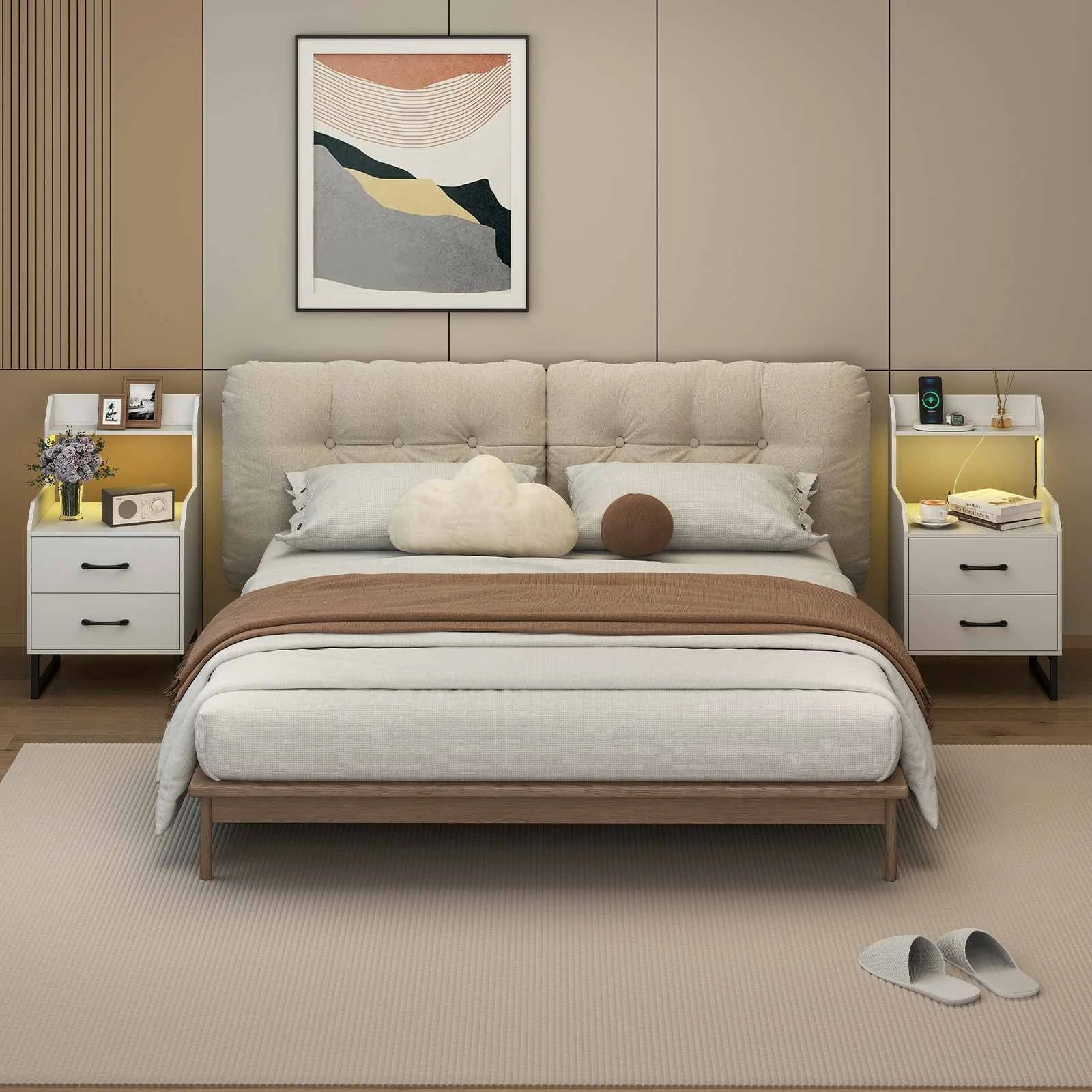 4 Costway Modern Nightstand LED Lights Bedside Table w/Charging Station, 4 of 4