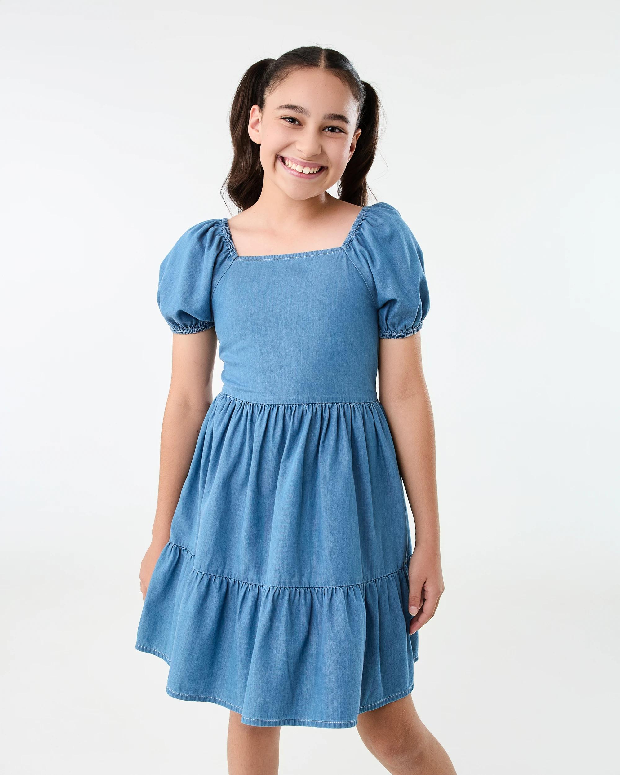1 Puff Sleeve Woven Dress Mid Wash, 1 of 9