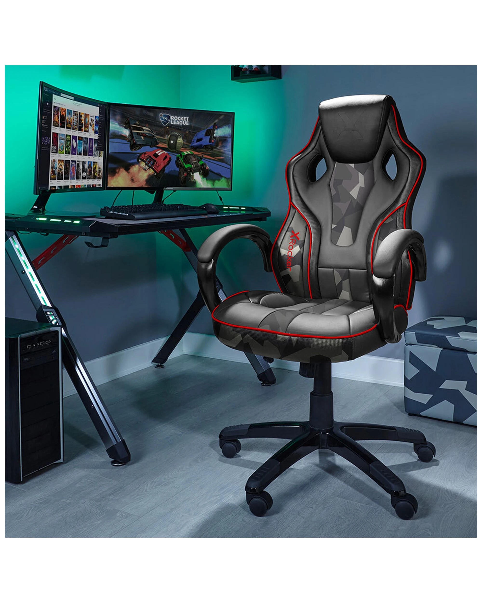 4 X Rocker Kratos Faux Leather Junior Ergonomic Office Gaming Chair Black - Red, 4 of 8