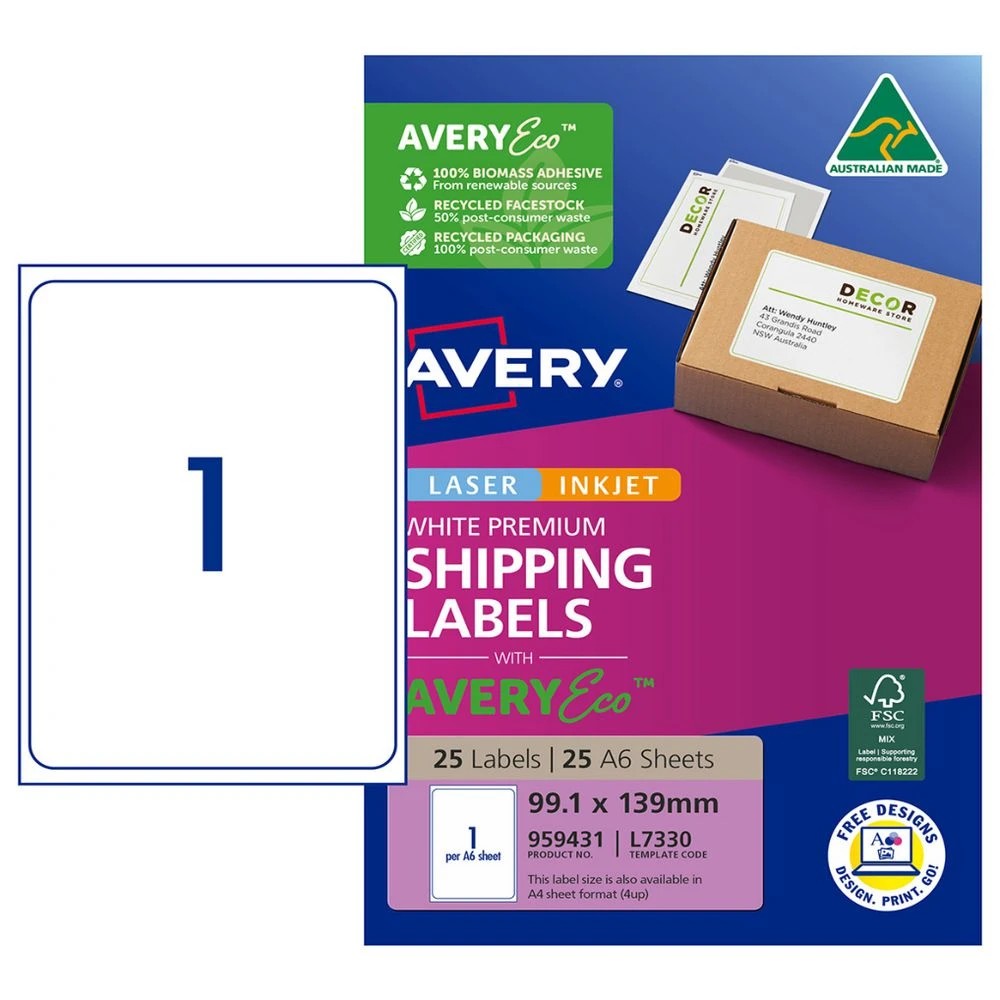 1 Avery Premium White Shipping Labels AveryEco A6 1UP 25 Sheets, 1 of 8