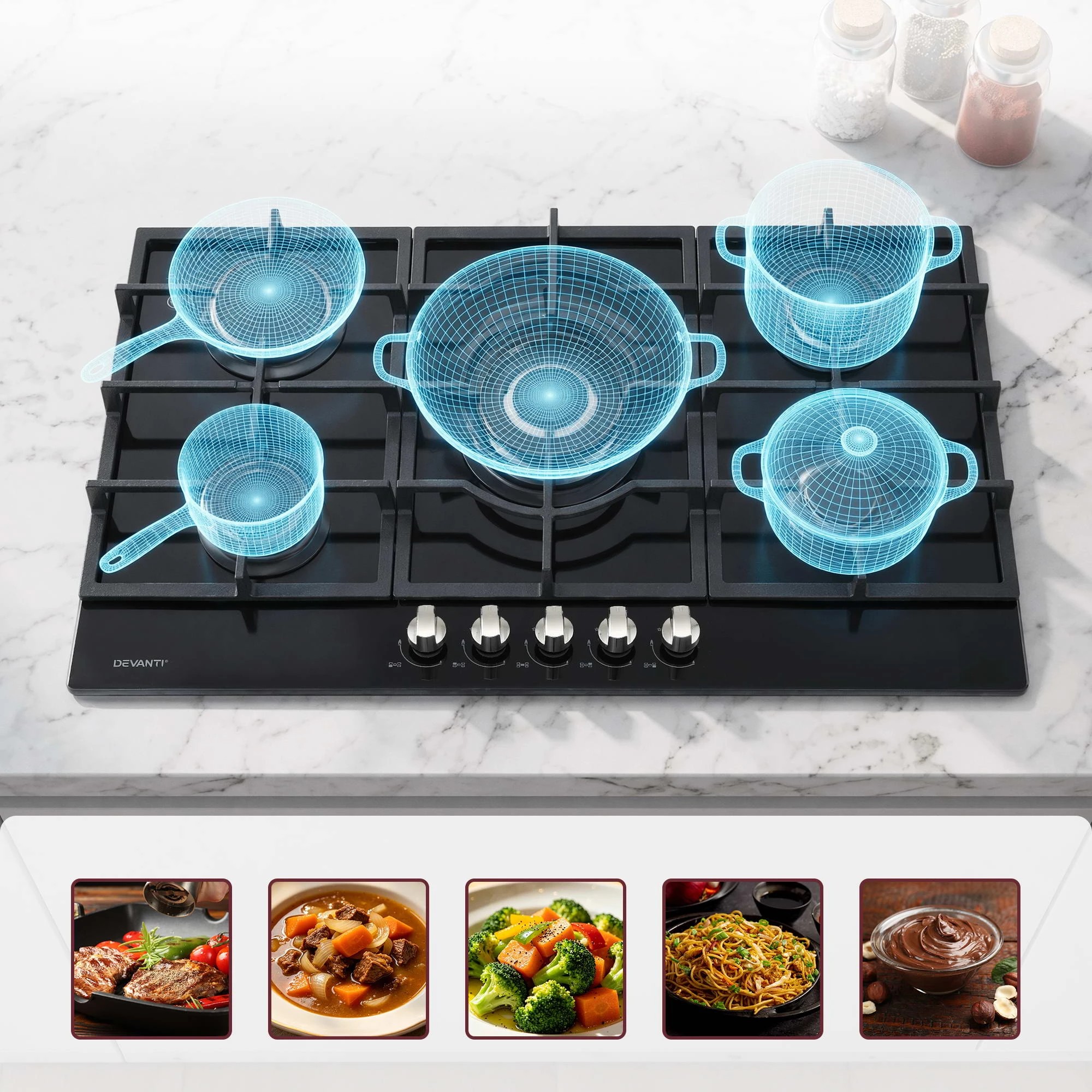 5 Devanti 90cm 5 Burner Gas Cooktop - Black, 5 of 9