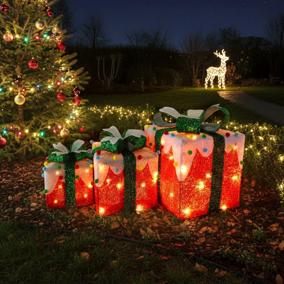 3 AUSWAY LED Christmas Lights Decorations Outside String Lighted Red Gift Boxes, 3 of 7