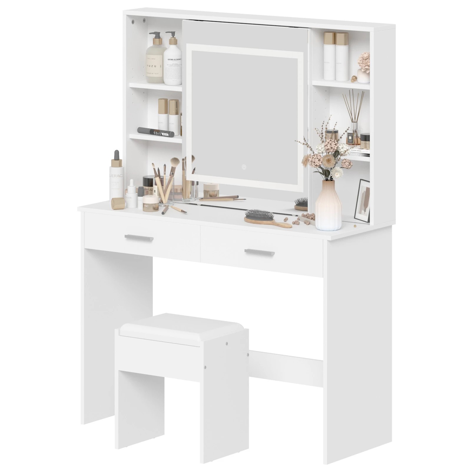 1 Advwin Dressing Table Stool Set With Slide Make Up Led Mirror Vanity Desk With 2 Storage Drawers And Open Storage Shelf, 1 of 7