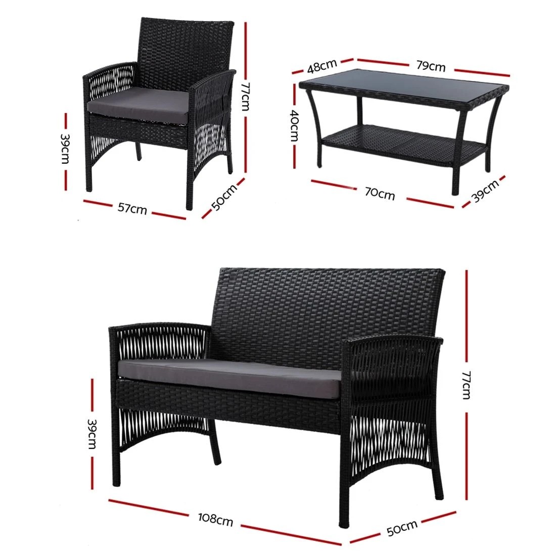 2 Gardeon 4 Piece Rattan Sofa Set Harp Chair Table UV Resistant Wicker Steel Metal Frame Cushioned Patio Lounge - black, 2 of 6