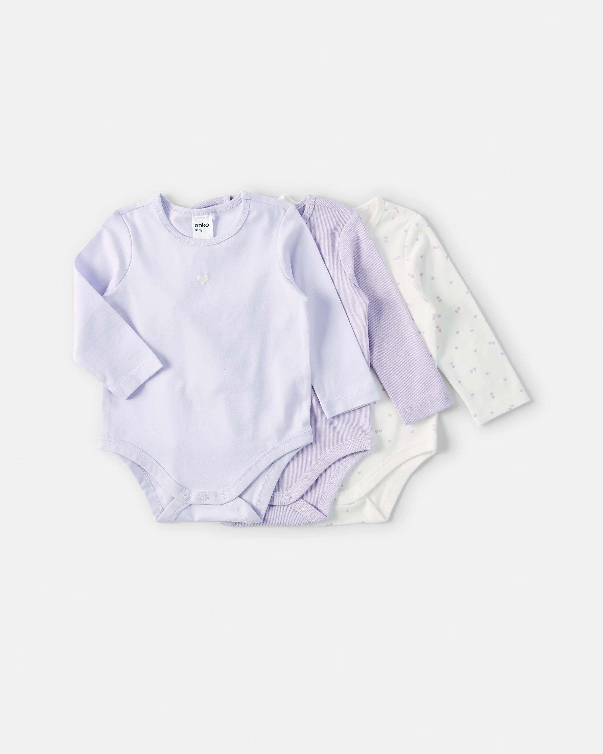 1 3 Pack Cotton Long Sleeve Bodysuits Prpl Heart, 1 of 8