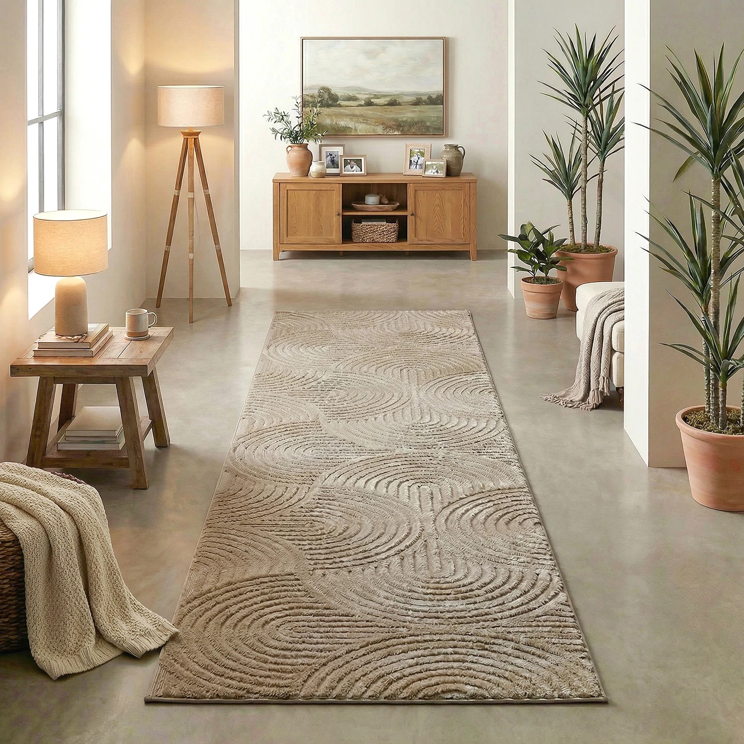 1 Common Ground Rugs Sanctuary Zina 400x80cm - Large Runner Power Loomed Rug - Beige, 1 of 7