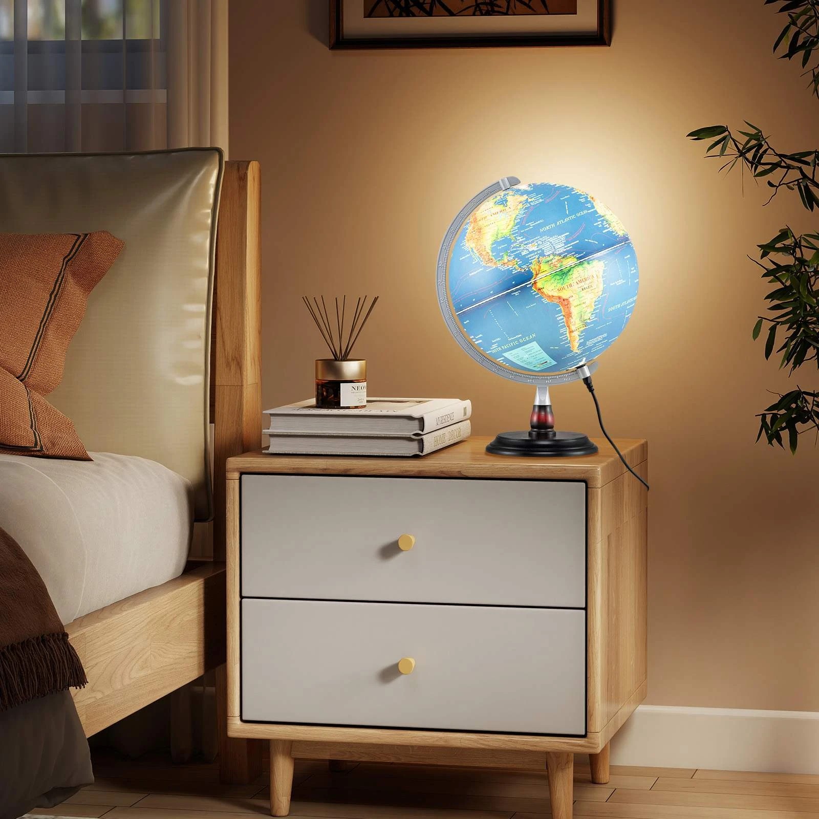 2 Costway 30CM Illuminated World Globe LED Night Light w/Raised Relief Time Zone Non-Slip Wooden Base - Blue, 2 of 7
